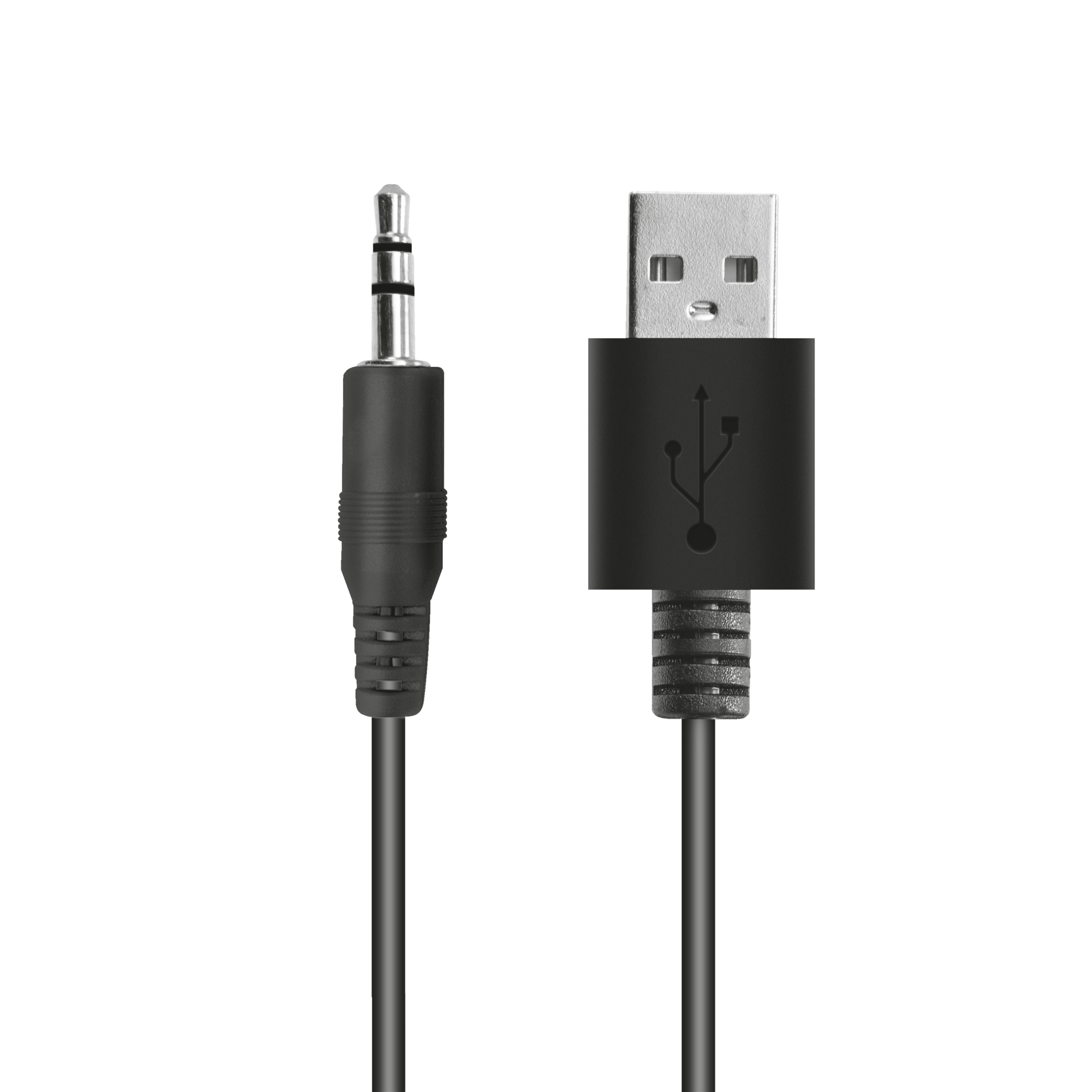 Un cavo jack audio da 3,5 mm nero e un cavo USB. Sono collegati con un cavo nero.