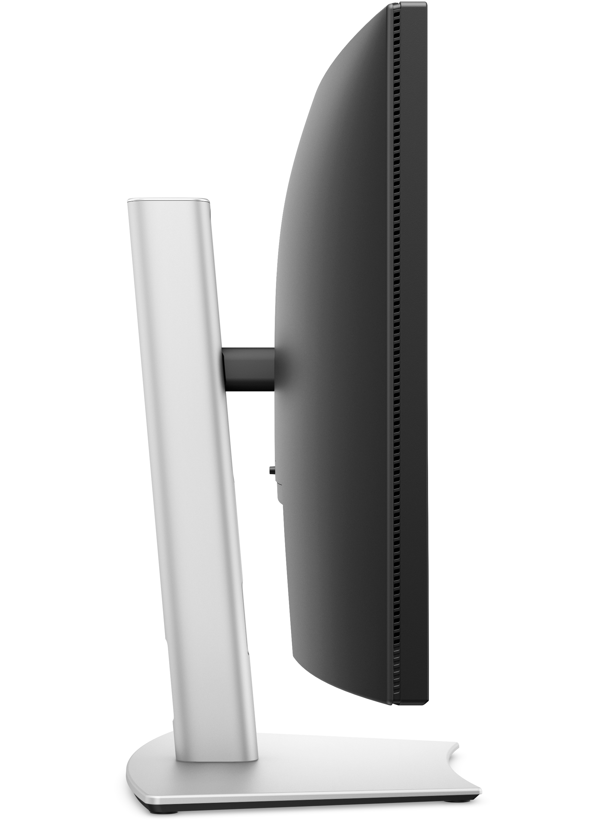 Widok z boku monitora ze srebrną podstawą i czarnym ekranem.
