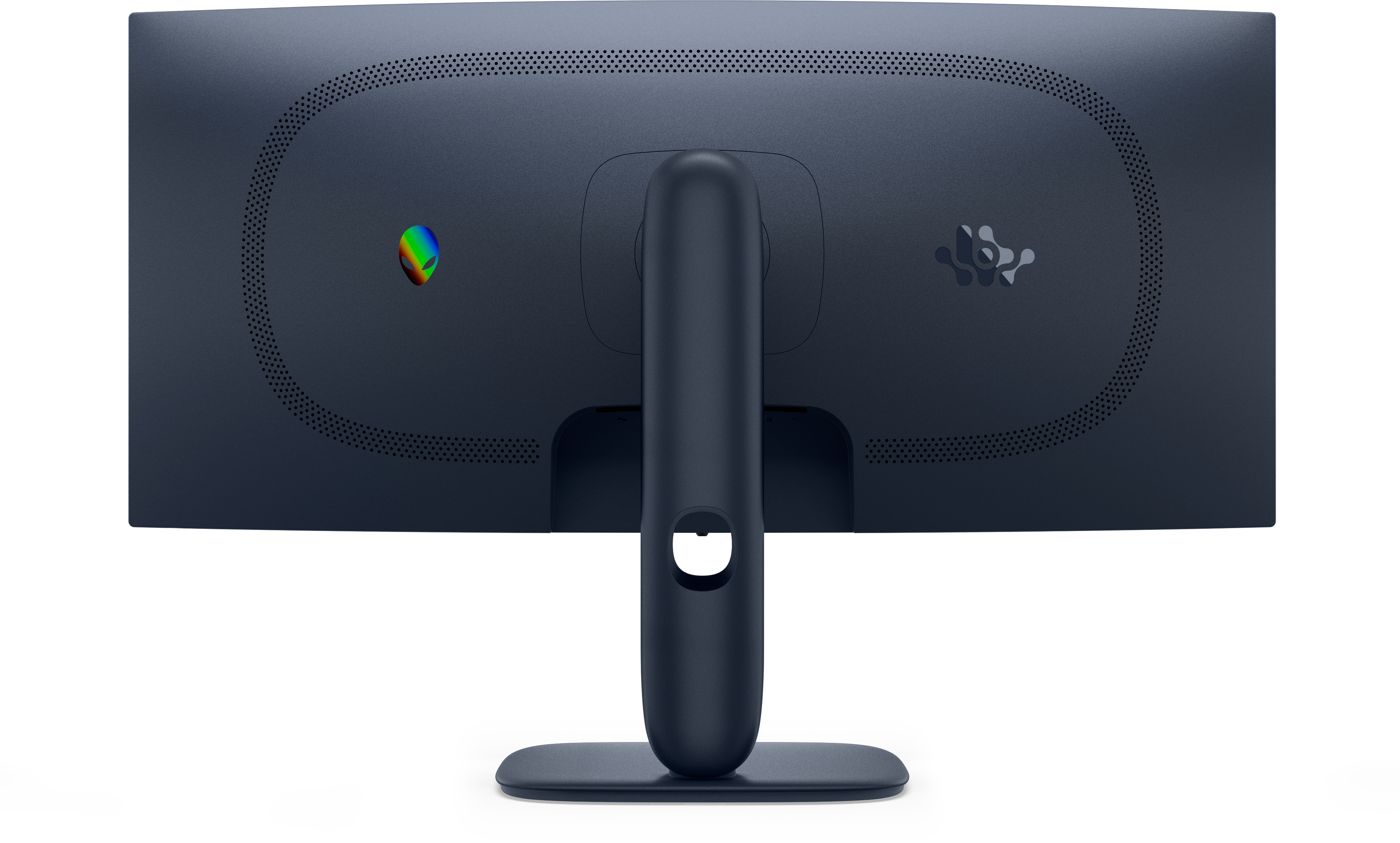 Tył ciemnoniebieskiego monitora. Ma podstawkę, logo i perforacje. Białe tło.