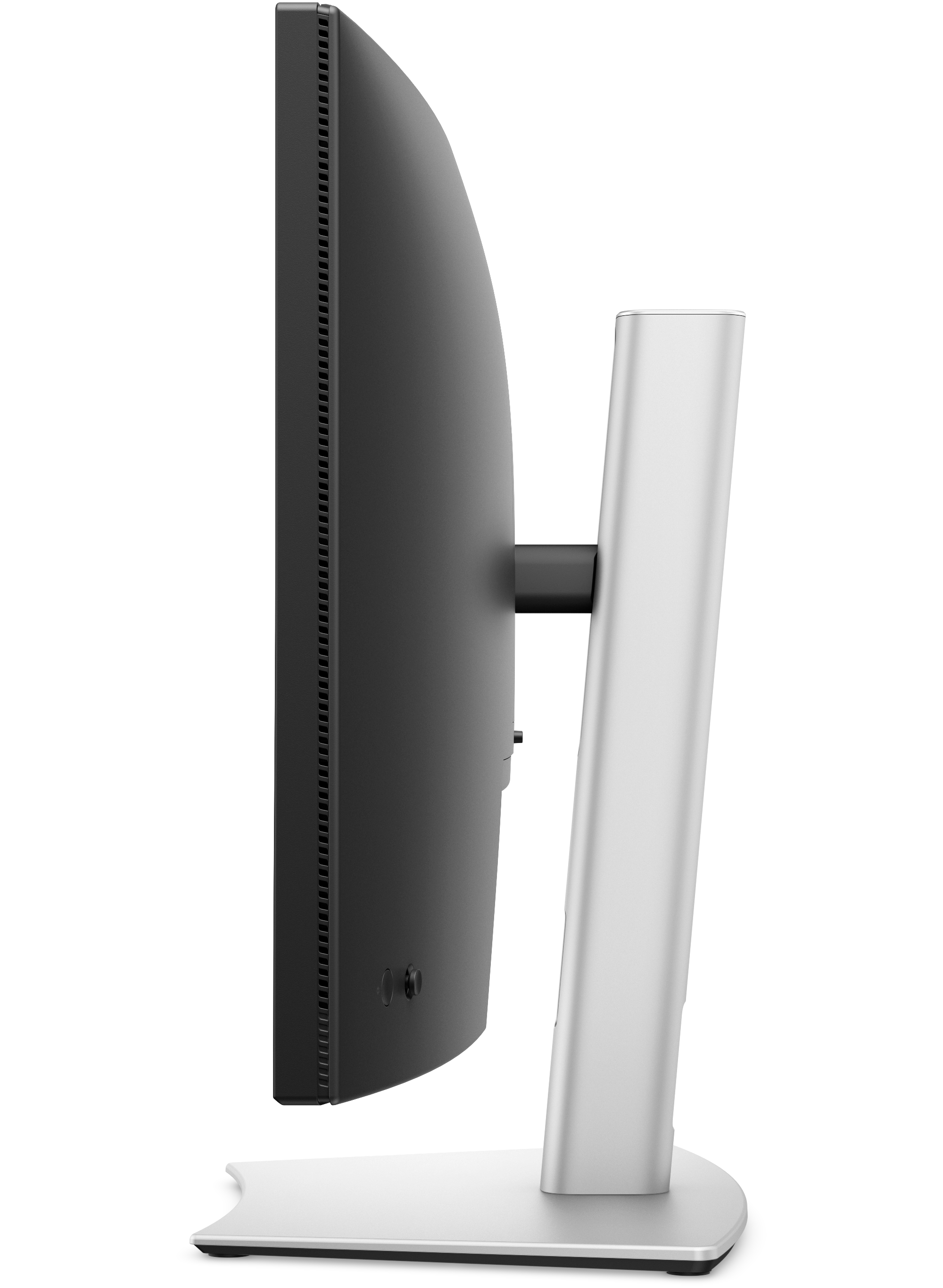 Widok z boku zakrzywionego monitora komputera na srebrnej podstawie, białe tło.