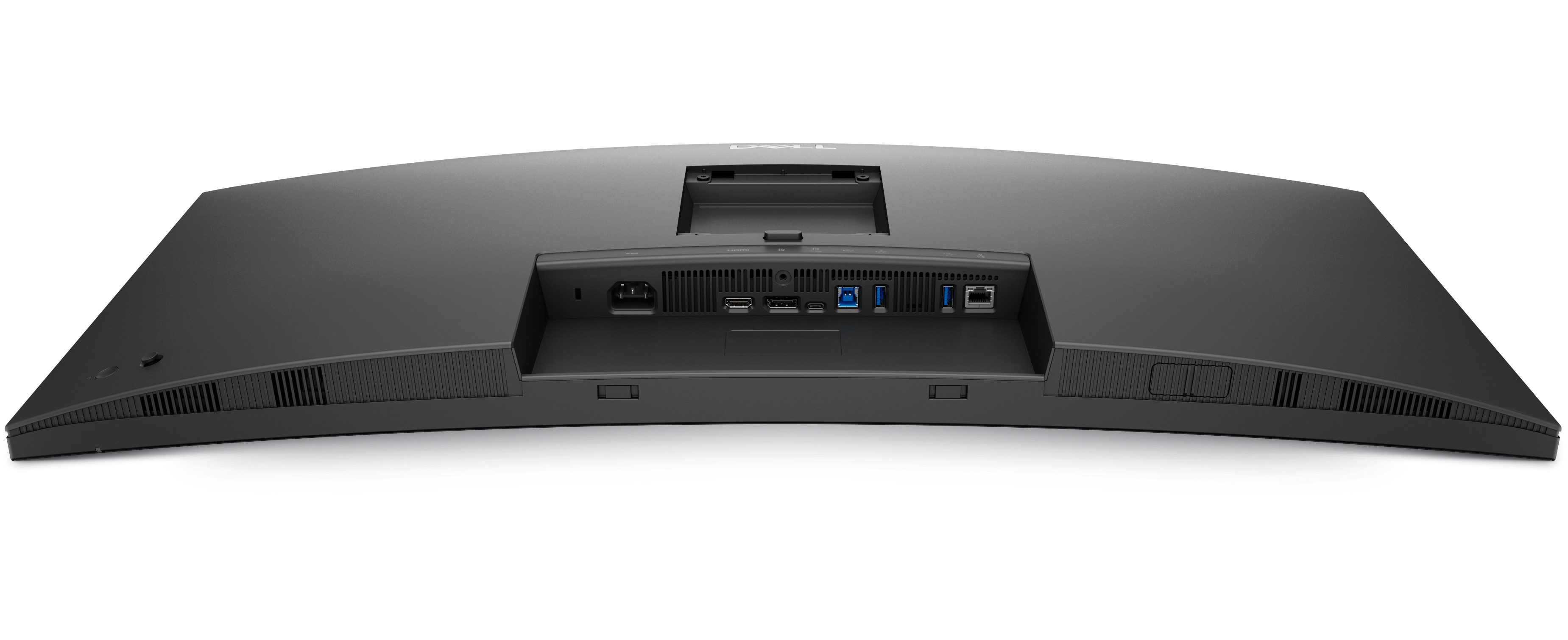 Tył czarnego, zakrzywionego monitora Dell. Widoczne porty i wentylacja.