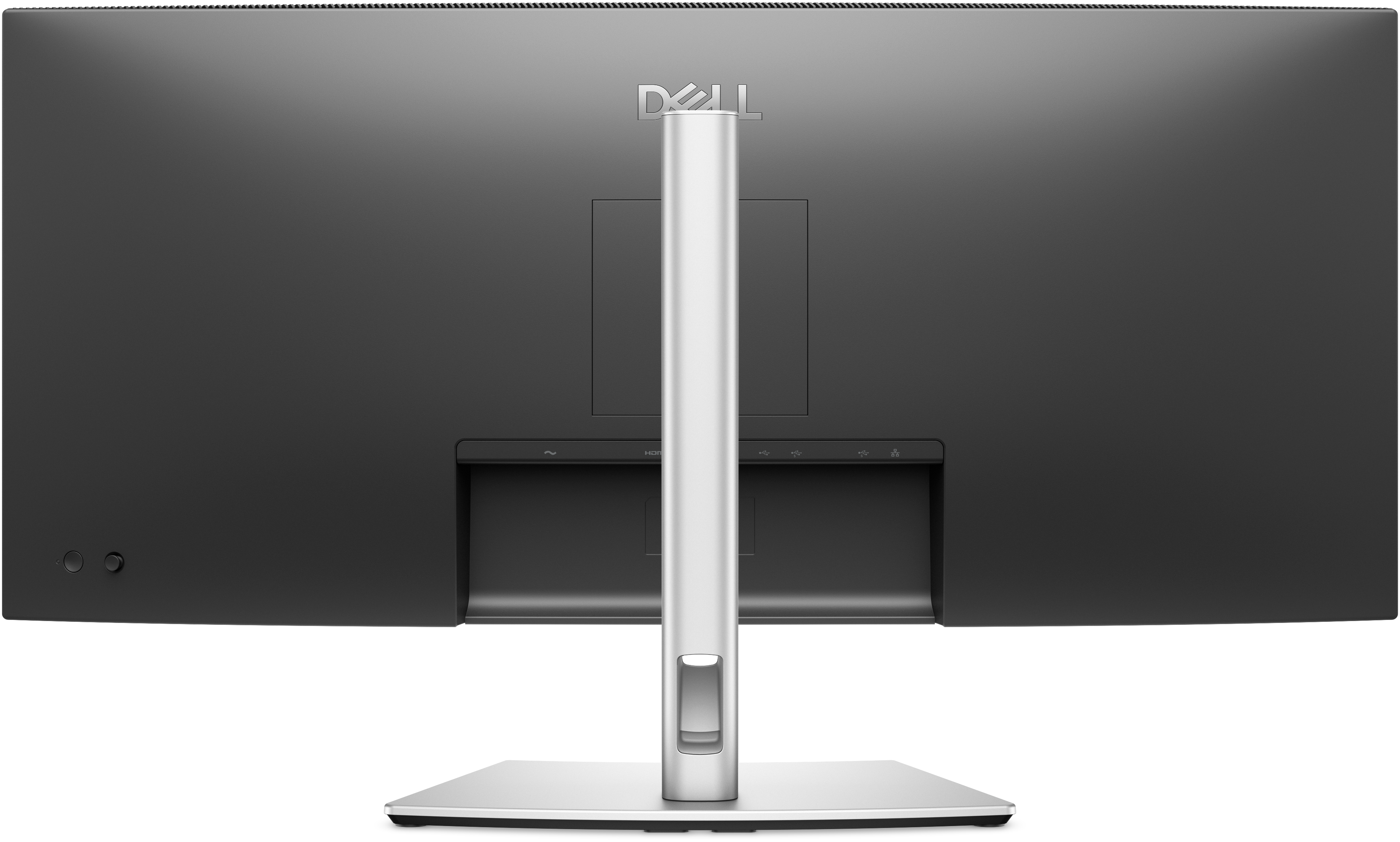 Tył monitora Dell. Jest czarny ze srebrną podstawą, z portami HDMI, USB i zasilania.