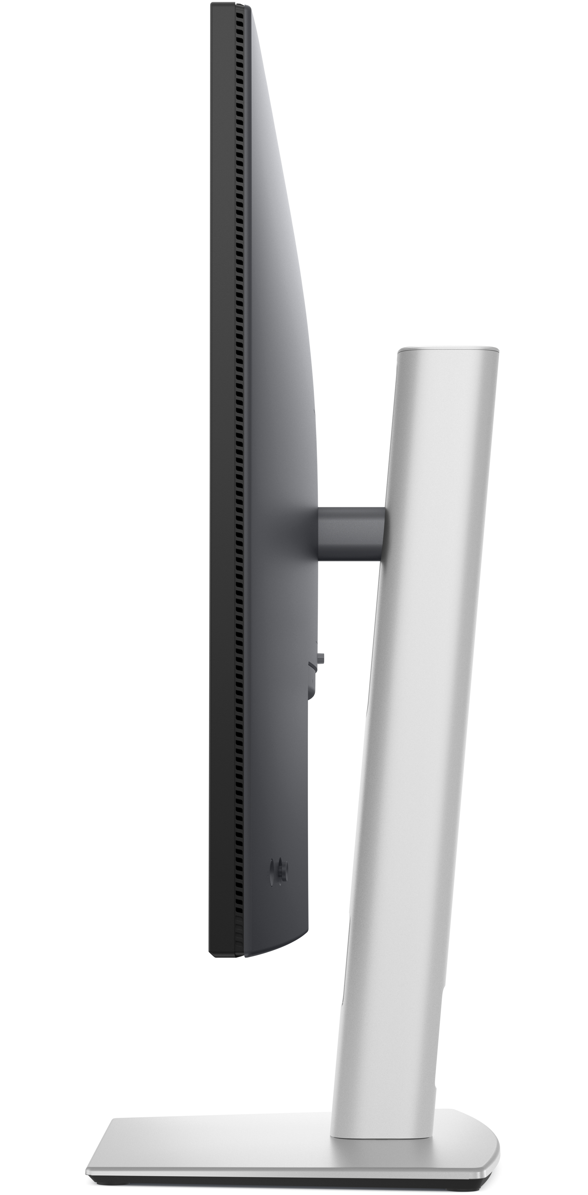 Widok z boku monitora Dell. Czarny ekran, srebrna podstawa i smukły profil. Widoczny tył.