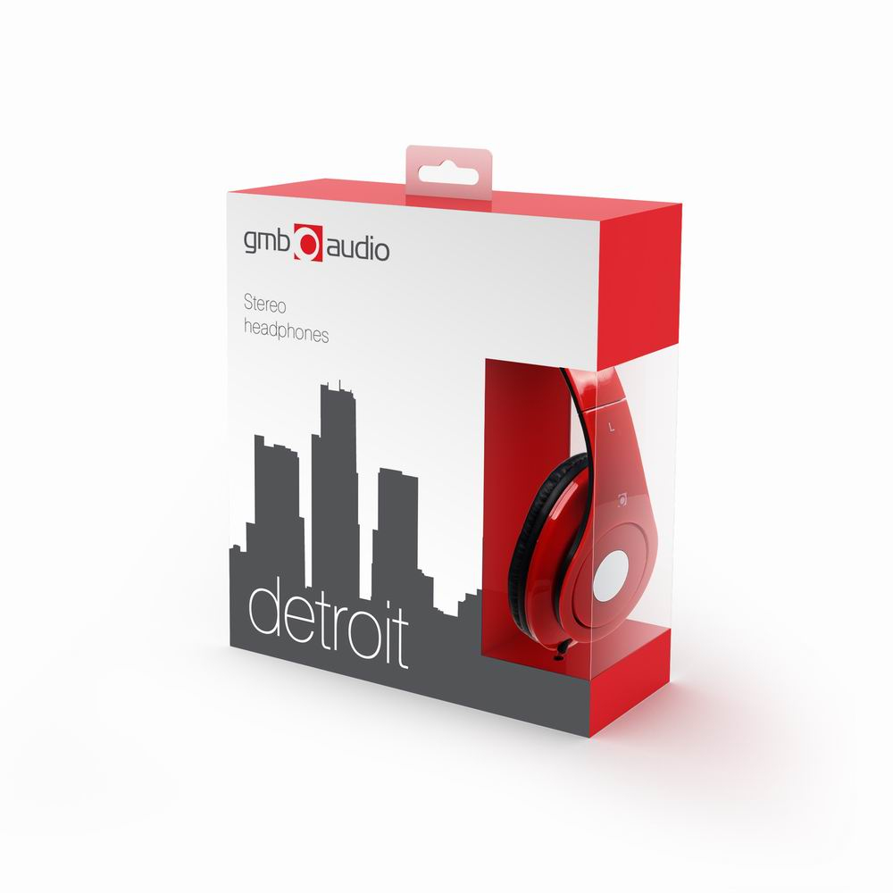 Unos auriculares rojos en una caja roja y blanca con una silueta de ciudad.