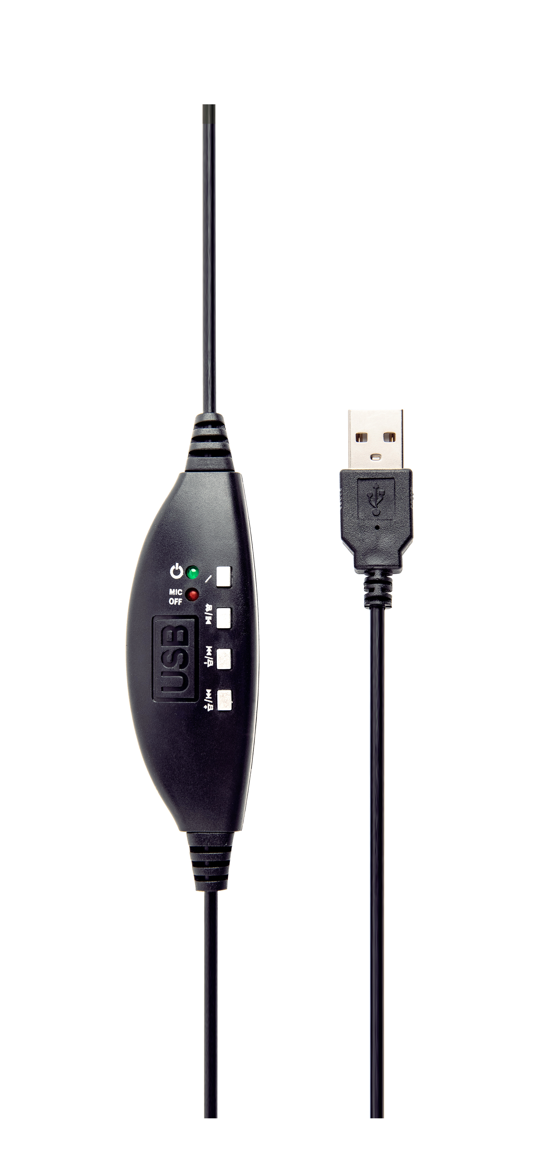 Czarny kabel USB z regulacją głośności. Wtyczka USB po prawej. Białe tło.
