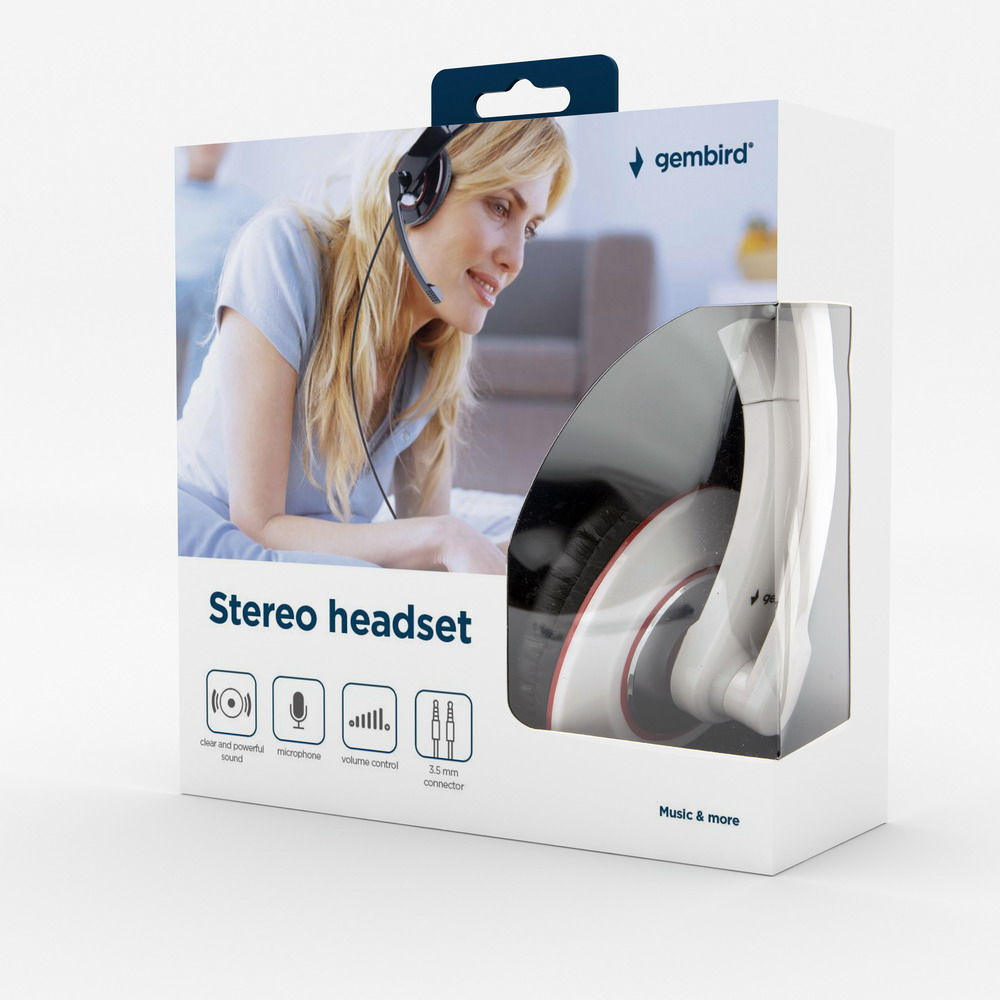 Zestaw słuchawkowy w opakowaniu z kobietą, która go nosi, i marką „gembird”.