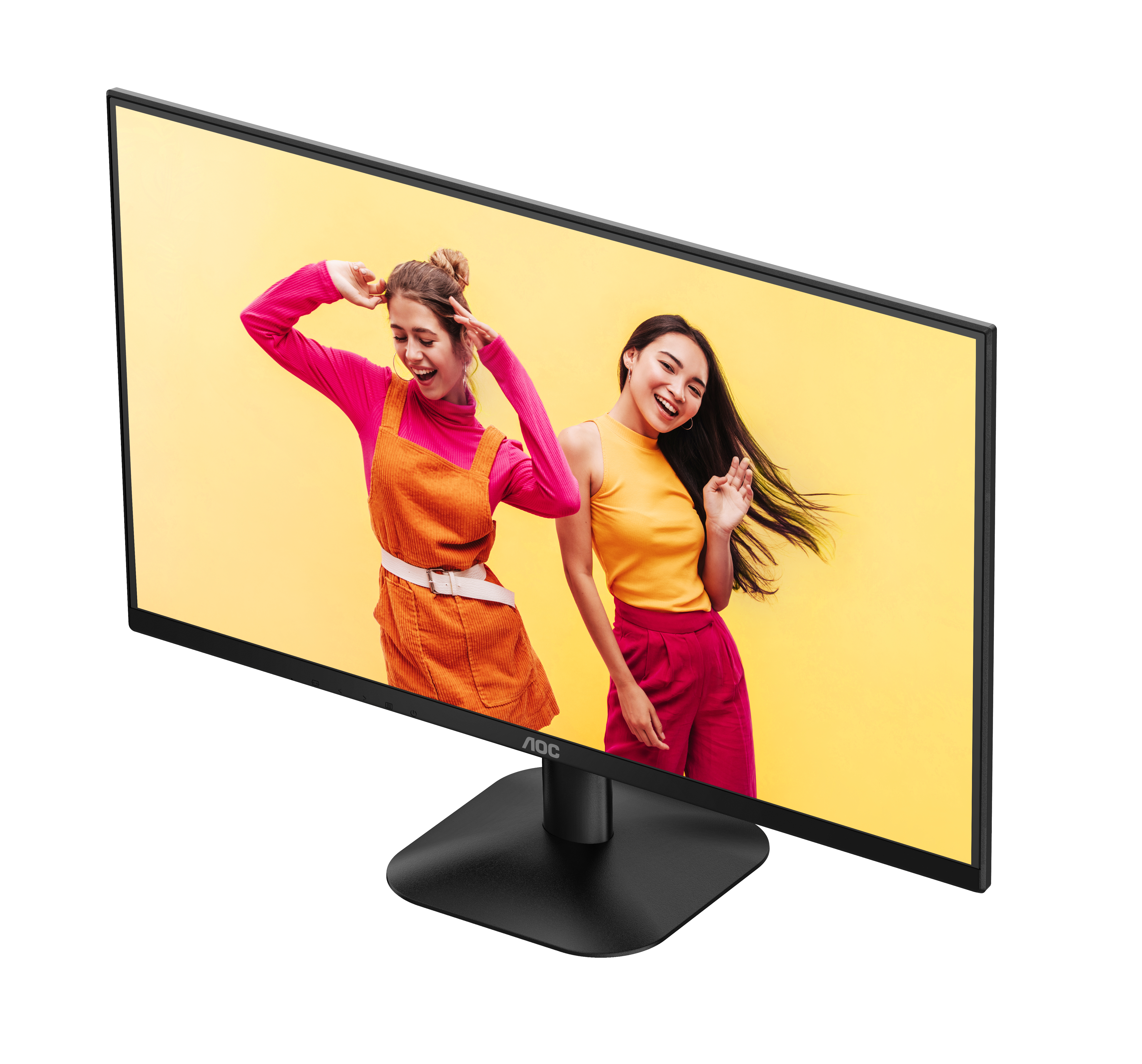Monitor wyświetla dwie kobiety na żółtym tle. Monitor ma czarną ramkę.