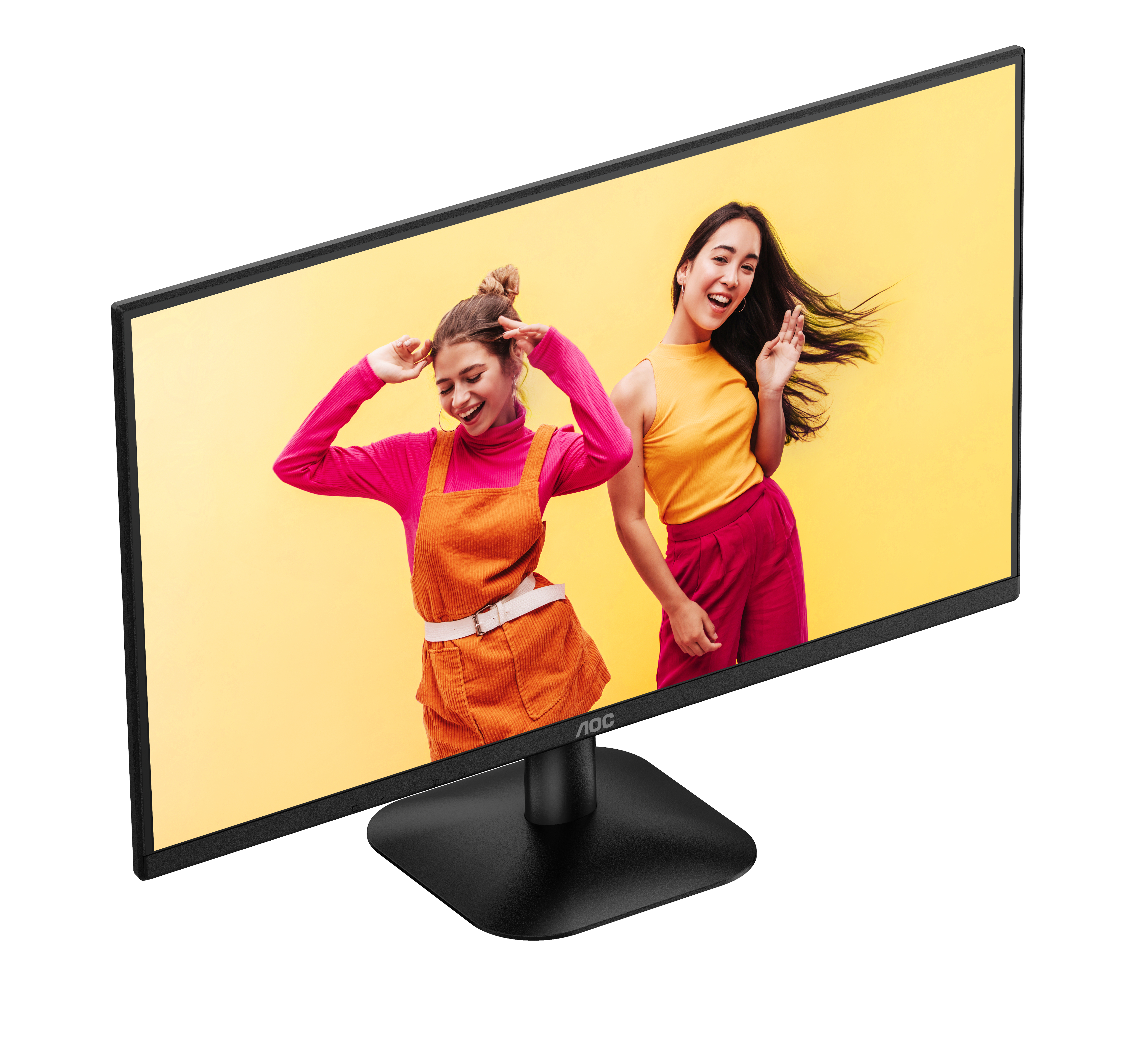 Monitor pokazuje dwie kobiety na żółtym tle. Jedna się uśmiecha, druga ma palce w górze. Marka AOC.