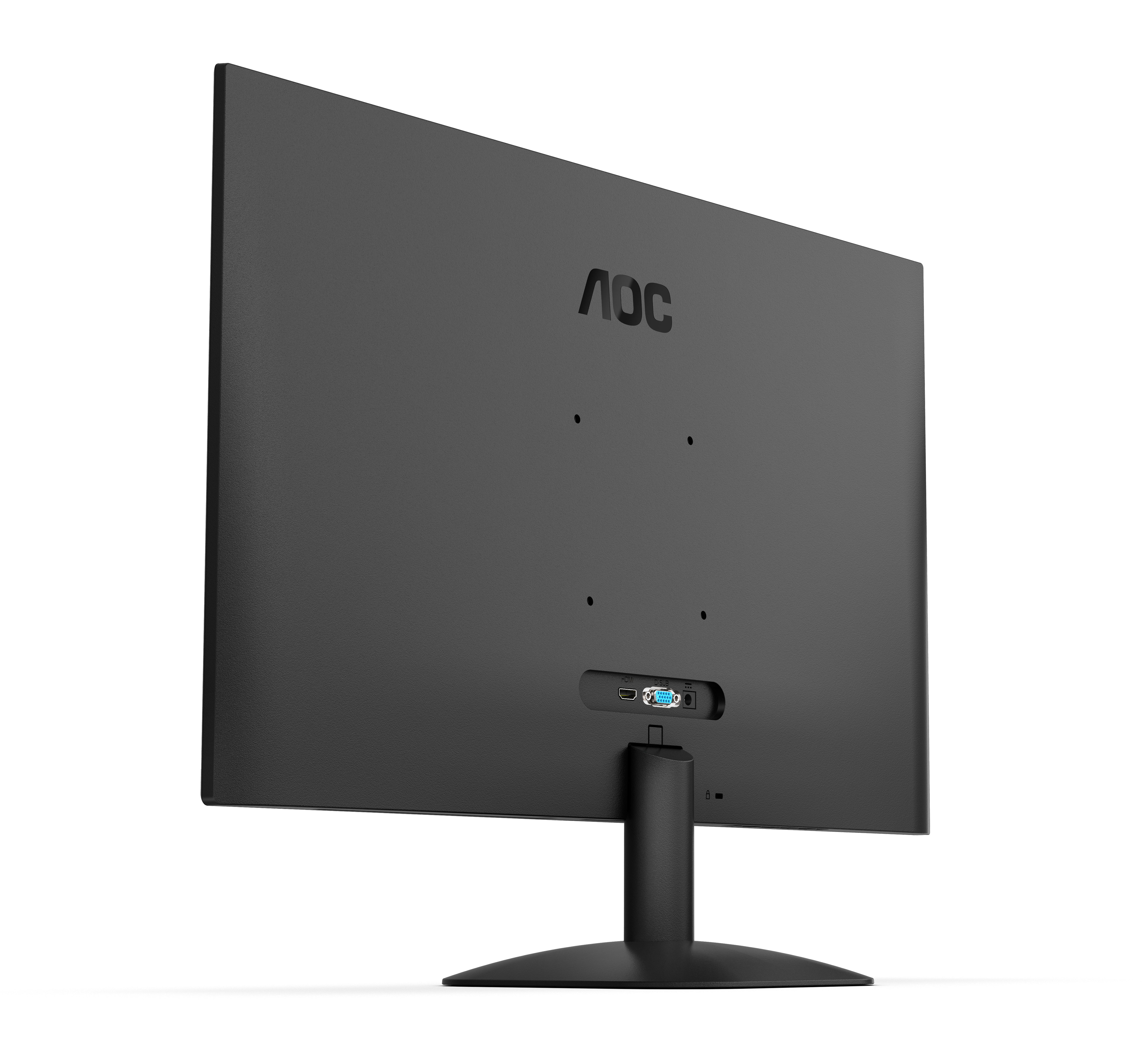 Widok z tyłu czarnego monitora. Posiada logo AOC, porty i podstawkę.