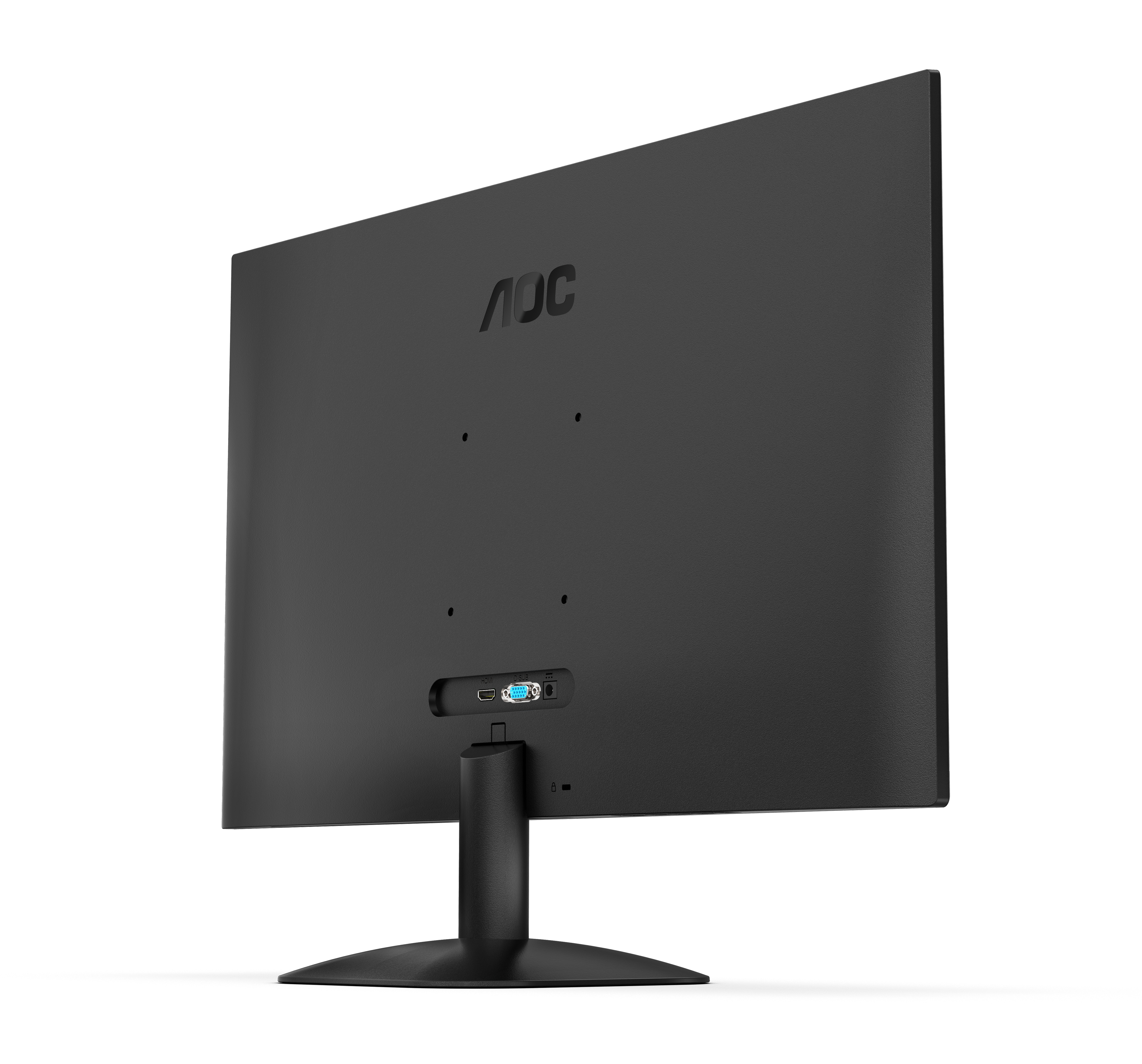 Widok z tyłu czarnego monitora AOC. Pokazuje porty i obszar montażu.