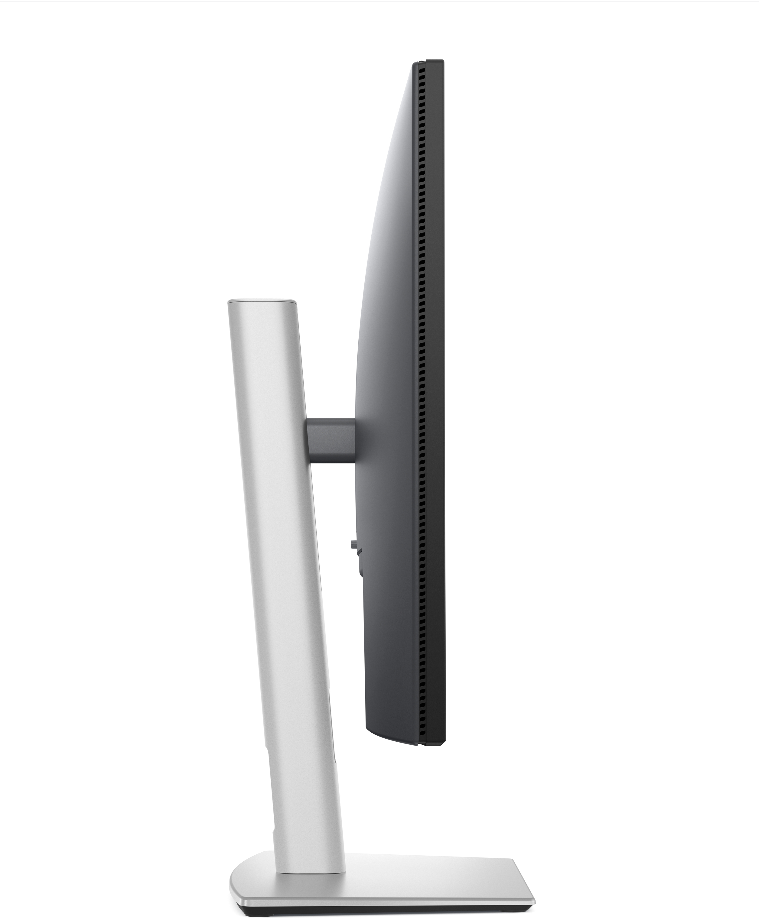 Widok z boku srebrno-czarnego monitora komputerowego, z białym tłem.