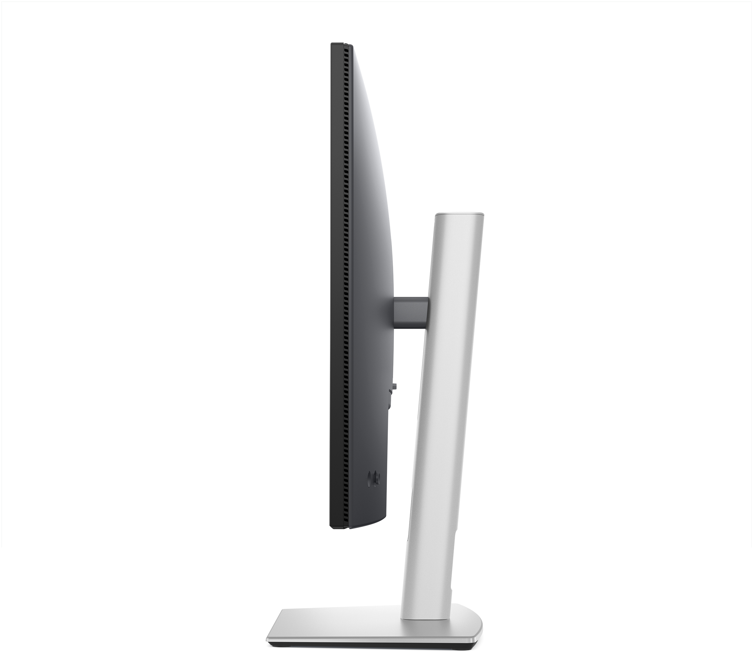 Widok z boku nowoczesnego monitora komputerowego. Jest srebrny z czarnym ekranem.