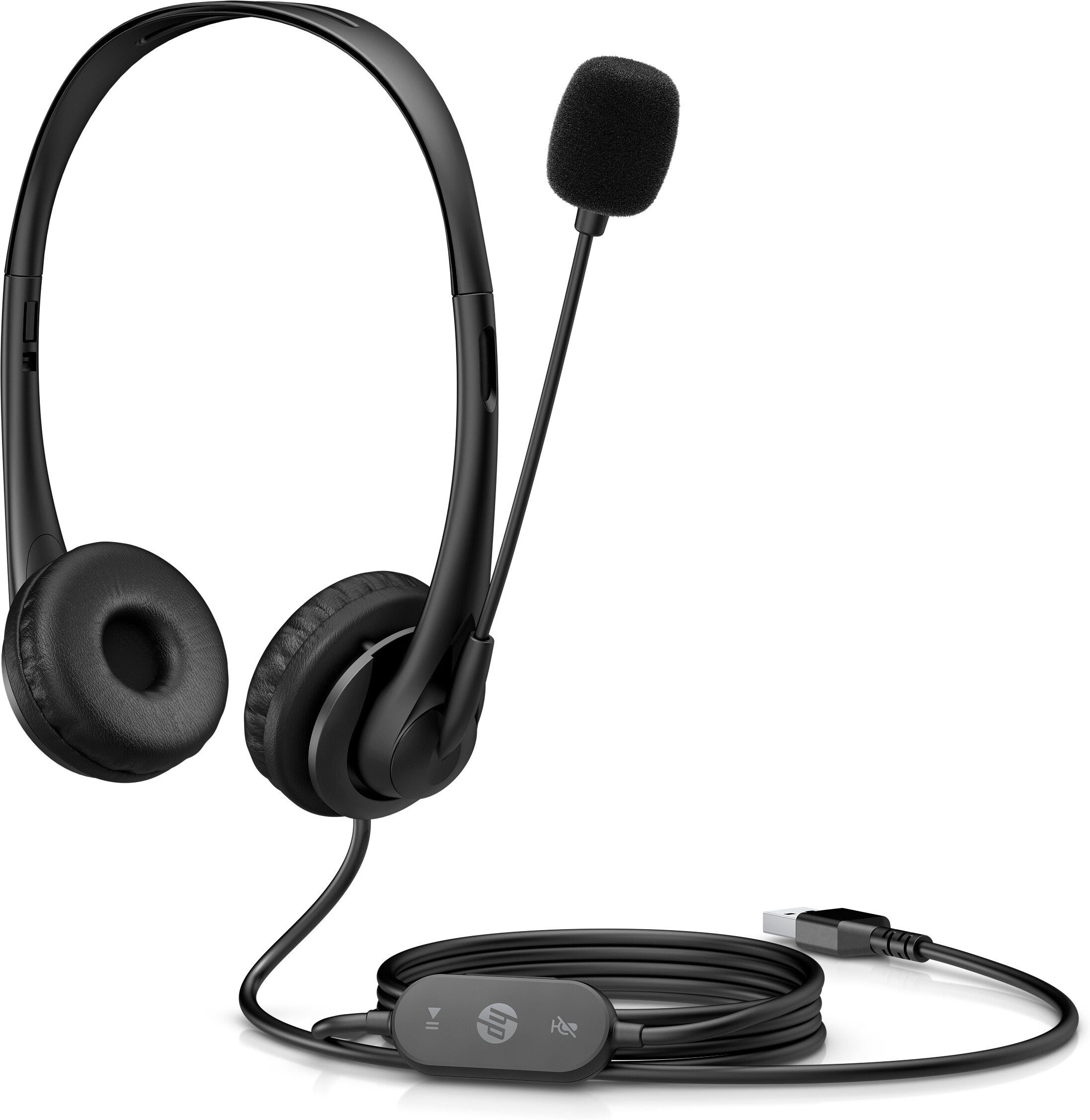 Auriculares HP negros con micrófono y conexión USB.