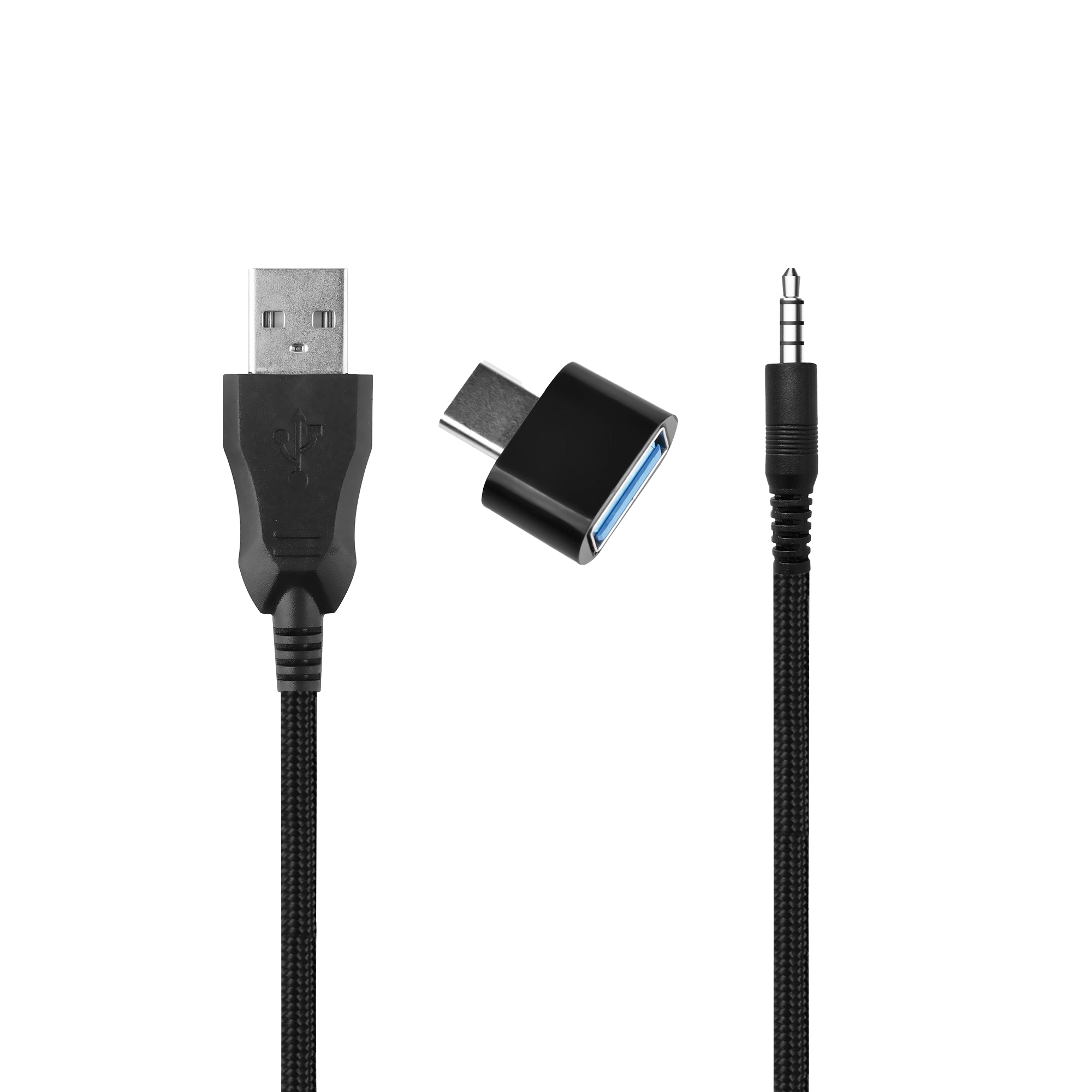 Tre cavi neri: USB, adattatore USB-C e jack da 3,5 mm, su sfondo bianco.