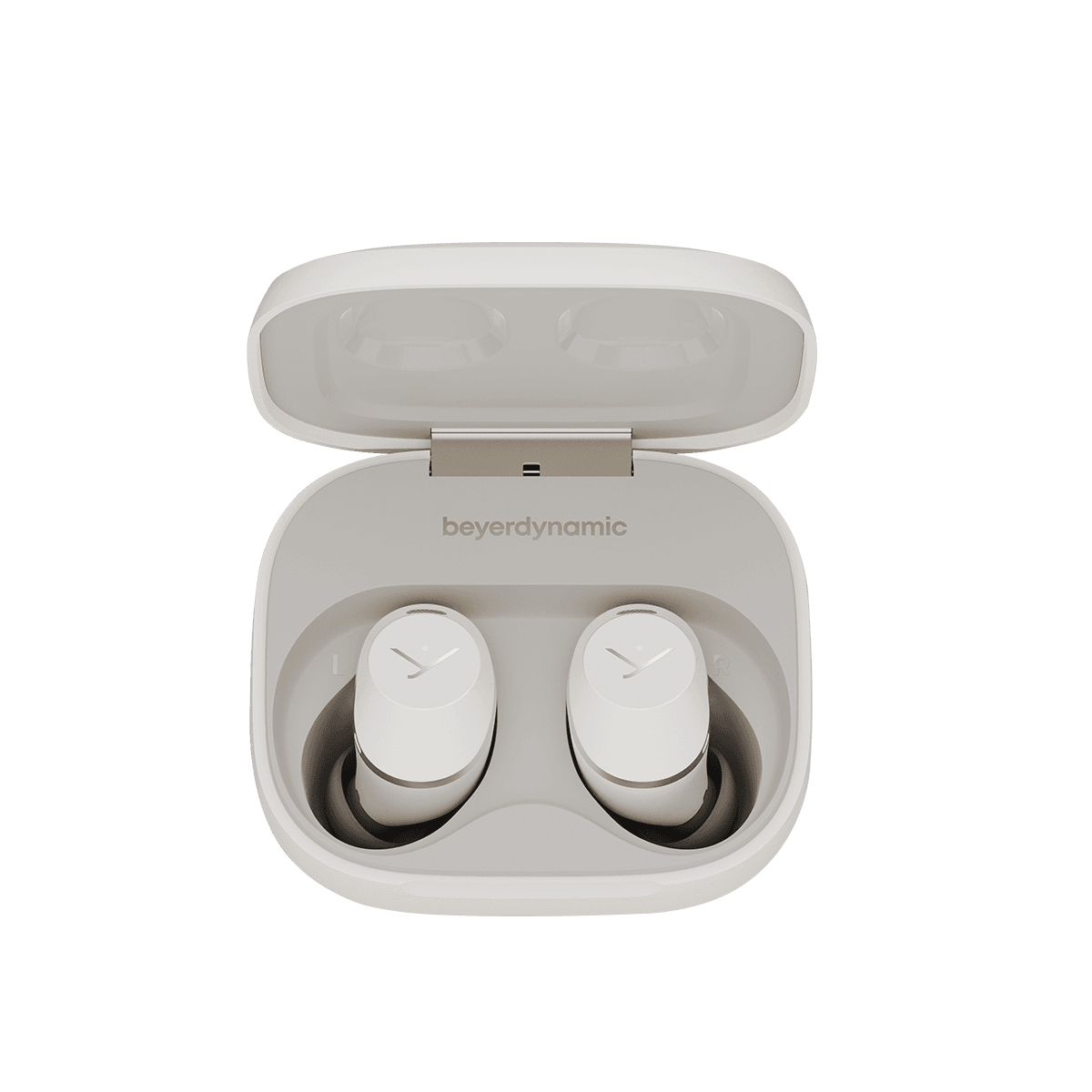 Auricolari wireless beyerdynamic bianchi in una custodia di ricarica.