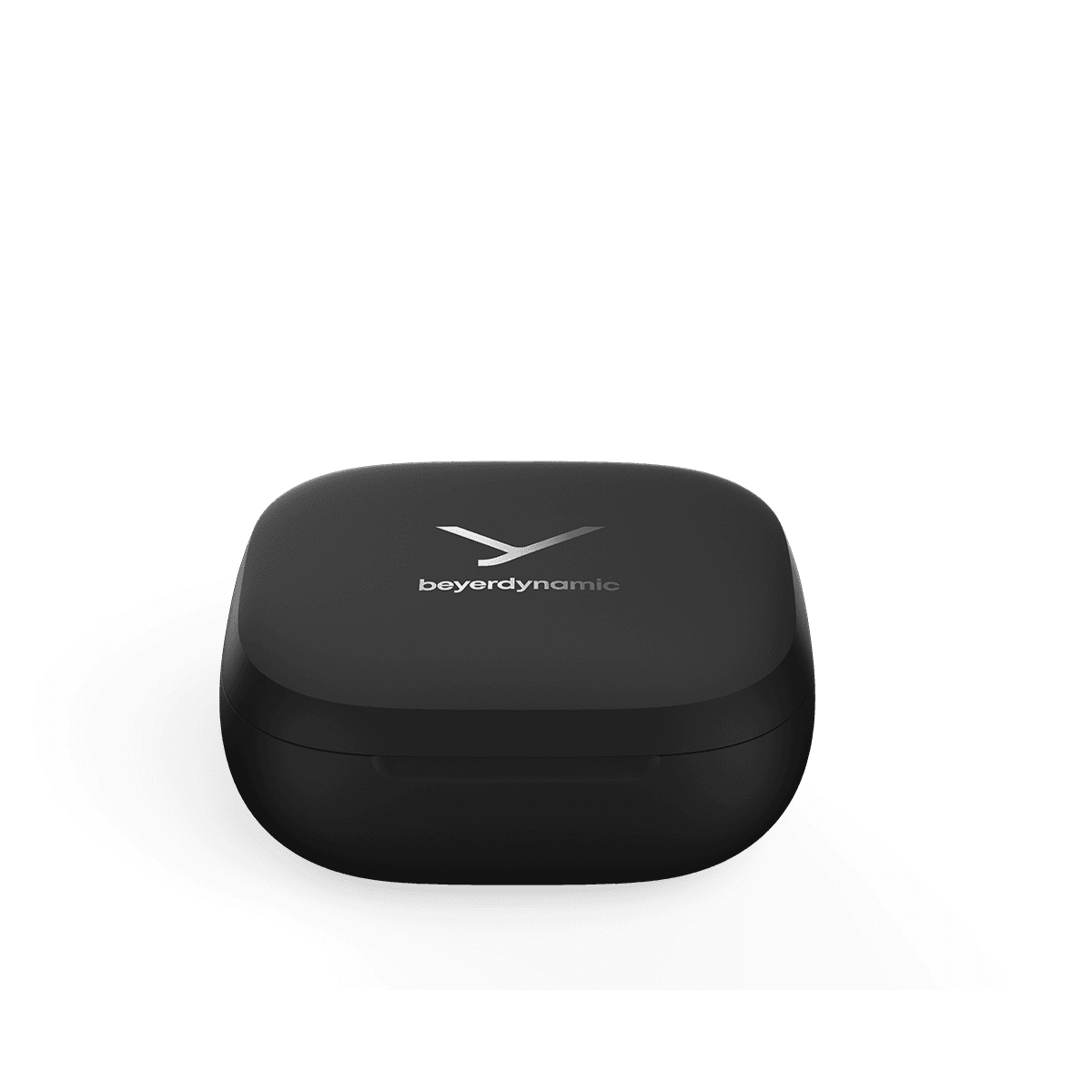 Custodia di ricarica nera per auricolari Beyerdynamic, con il nome del marchio stampato sulla parte superiore.
