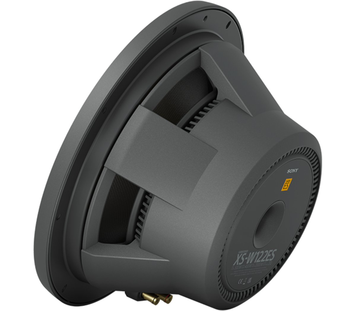 Ein grauer Sony-Subwoofer. Der Lautsprecher hat ein rundes Design. Modell: XS-W122ES.