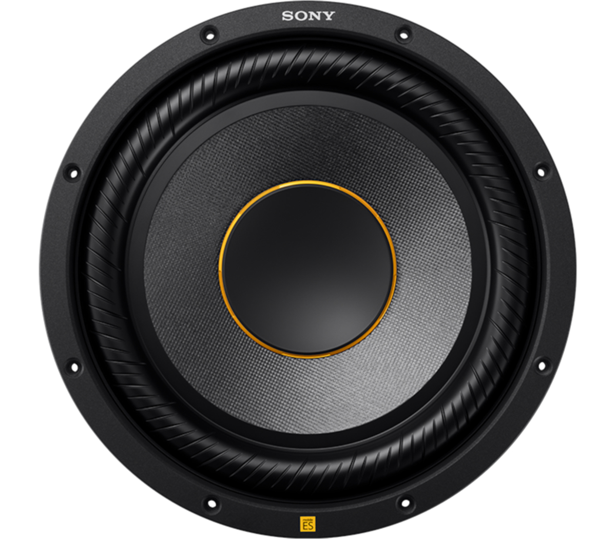 Nahaufnahme eines schwarzen Sony-Subwoofers. Metallkegel mit Goldring, schwarzer Rahmen.