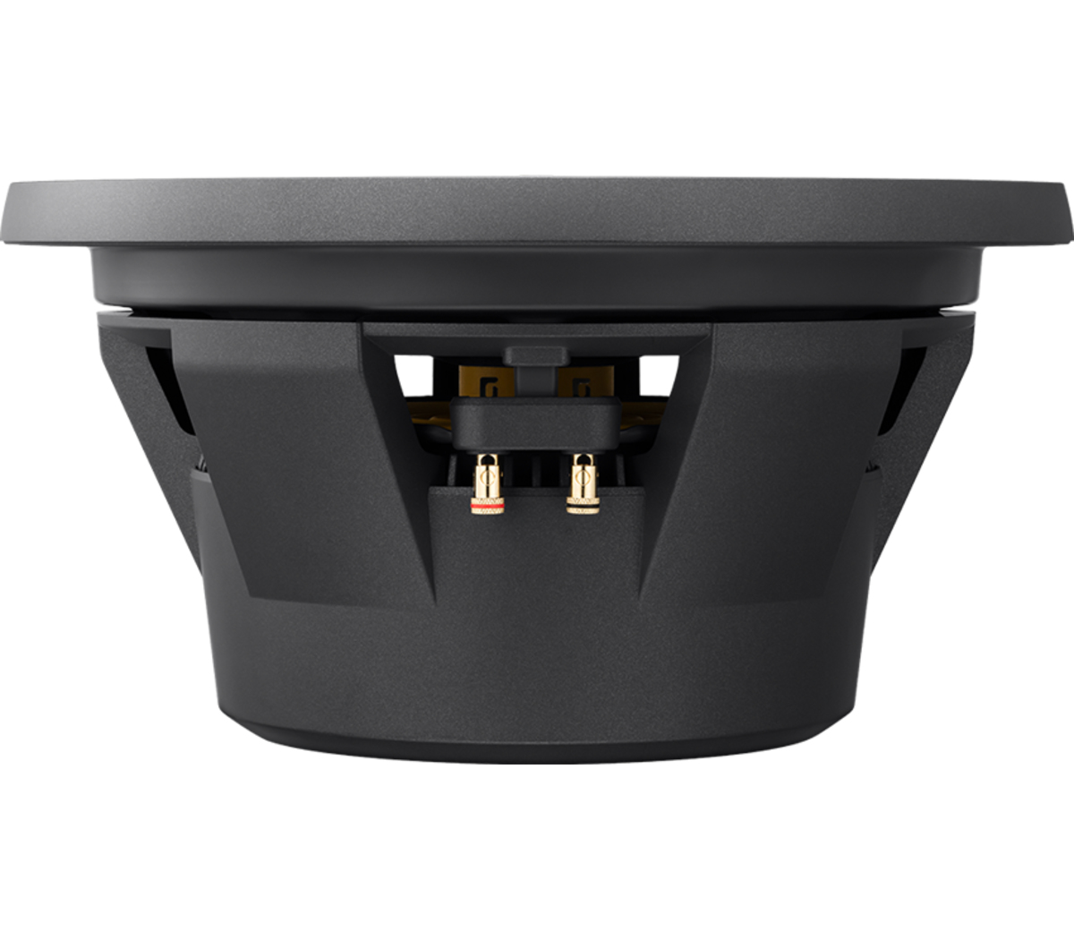 Seitenansicht eines schwarzen Subwoofers mit Anschlussklemmen.