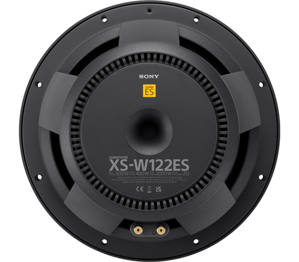 Schwarzer Subwoofer mit zentralem Konus, Marke Sony und technischen Daten aufgedruckt.