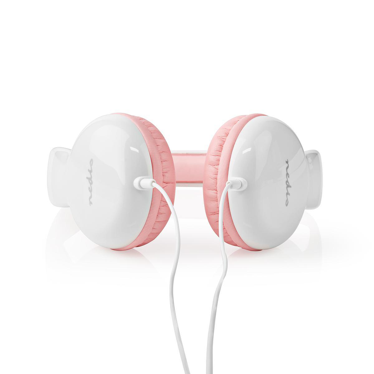 Weißer Kopfhörer mit rosa Ohrmuscheln und Verbindungsbügel.
