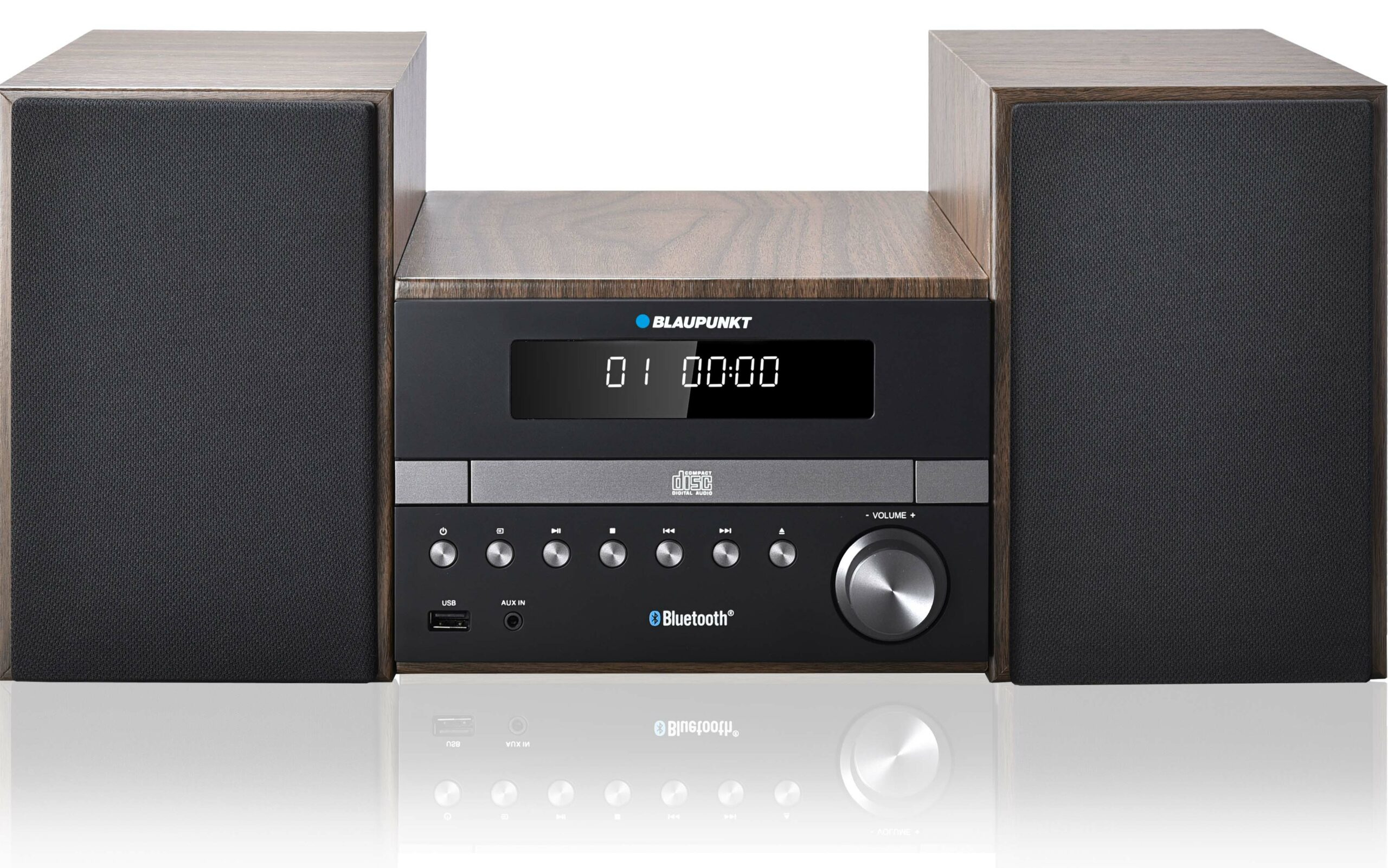 Un stereo CD Blaupunkt con due altoparlanti, frontale nero e finitura effetto legno.