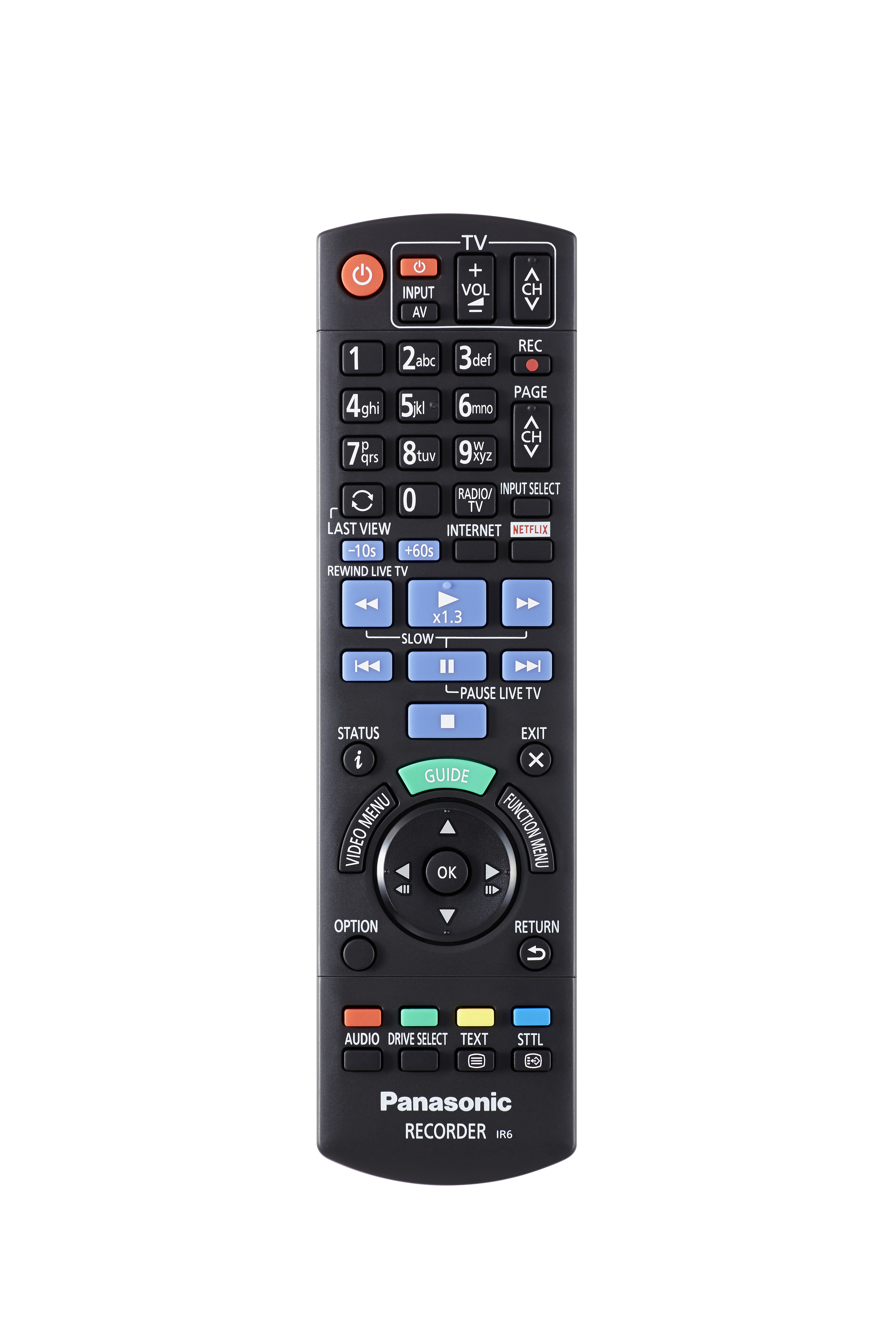 Schwarze Panasonic Fernbedienung. Sie hat viele Tasten mit Funktionen. Oben befindet sich eine Ein-/Aus-Taste.