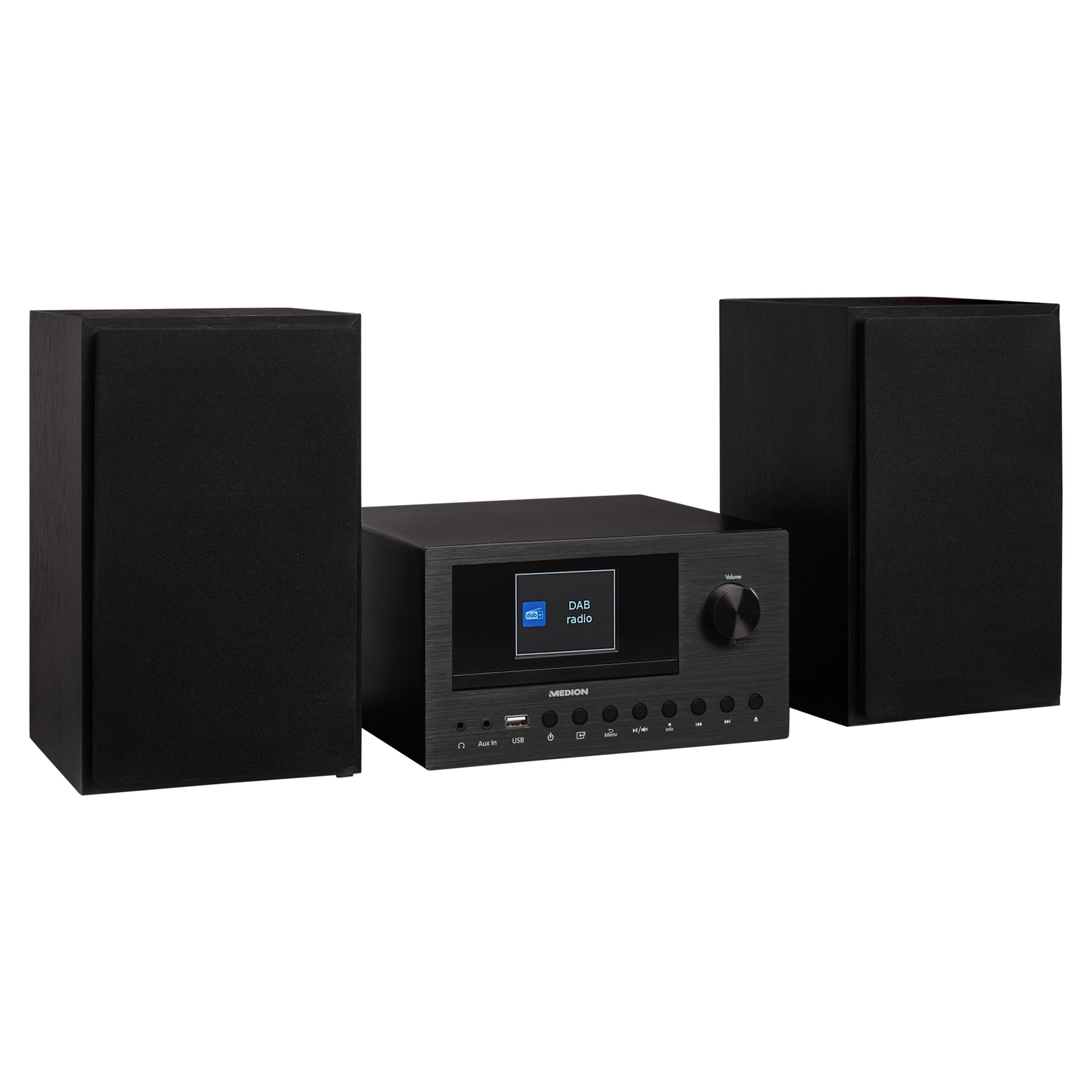 Sistema de audio negro con dos altavoces. Tiene una pantalla y varios botones de control.