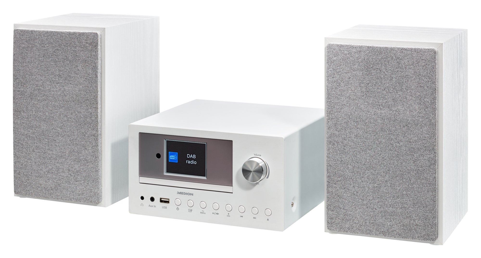 Un sistema estéreo blanco con altavoces, una unidad de control con pantalla y una perilla de volumen.