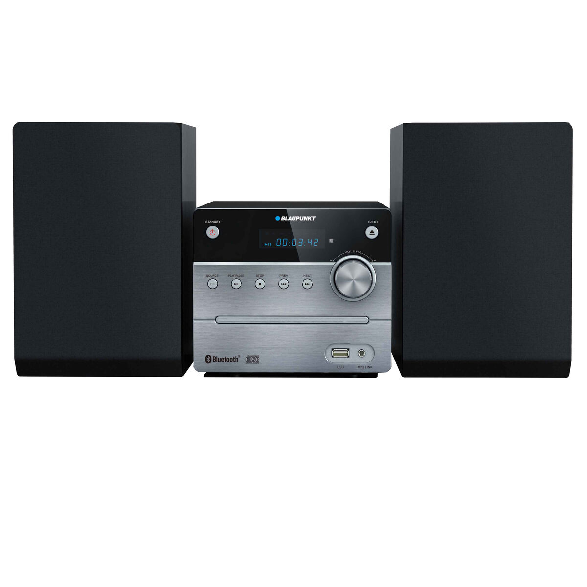 Mini sistema stereo con due altoparlanti. Schema di colori argento e nero. CD, Bluetooth e USB visibili.