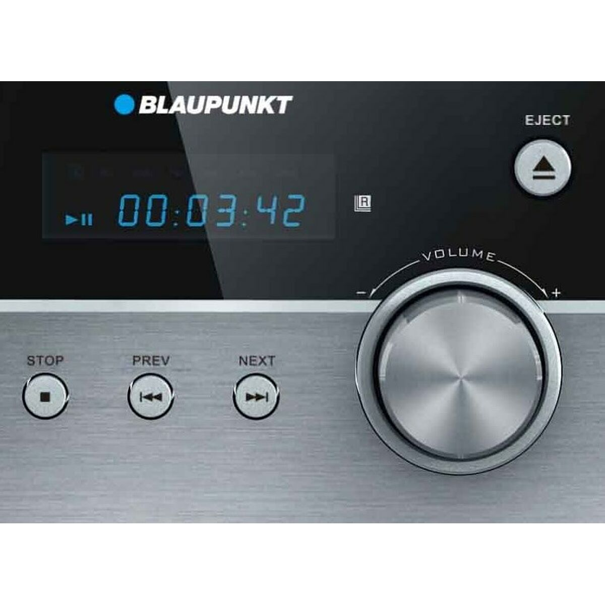 Primo piano del sistema stereo. Pulsanti per stop, precedente, successivo e controllo volume visibili.