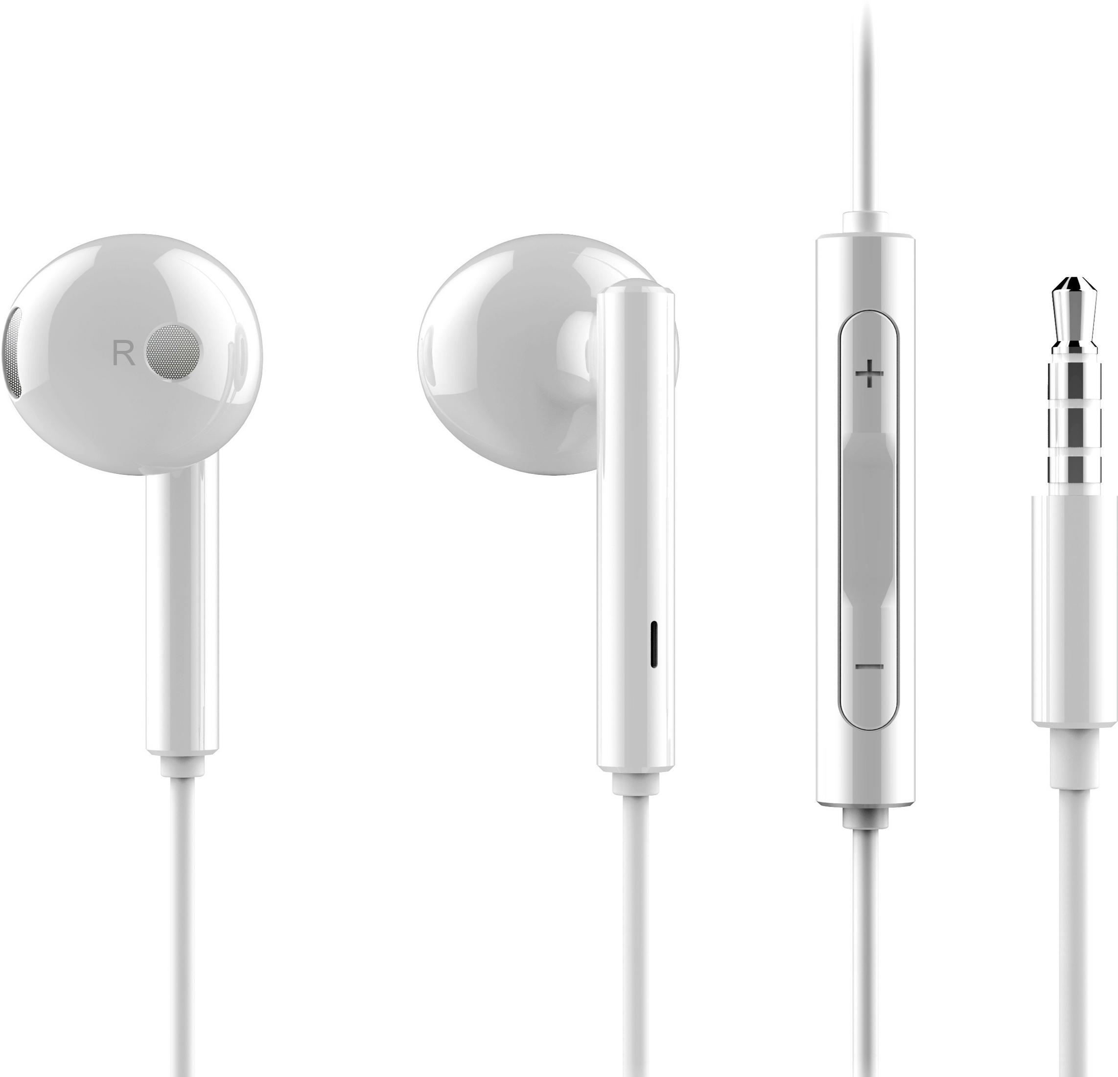Weiße Ohrhörer mit Kabel, Inline-Fernbedienung und Klinkenstecker.