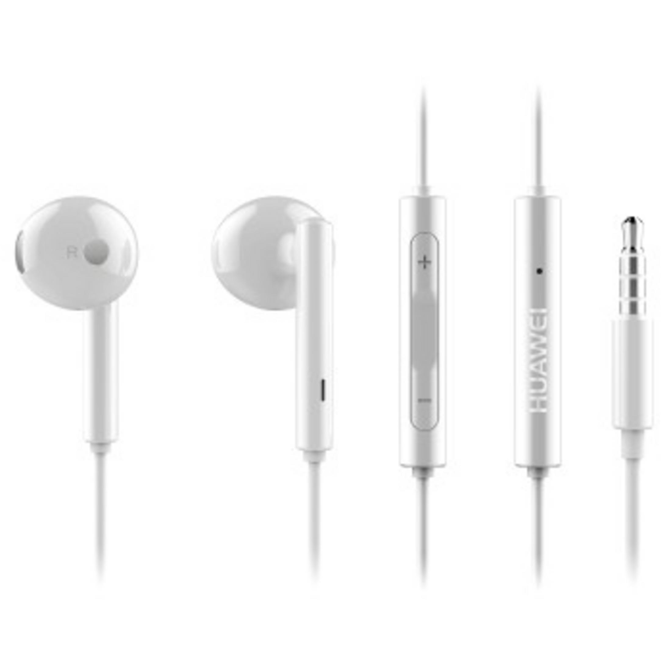 Weiße Huawei-Kopfhörer mit Kabel, Fernbedienung und Klinkenstecker.