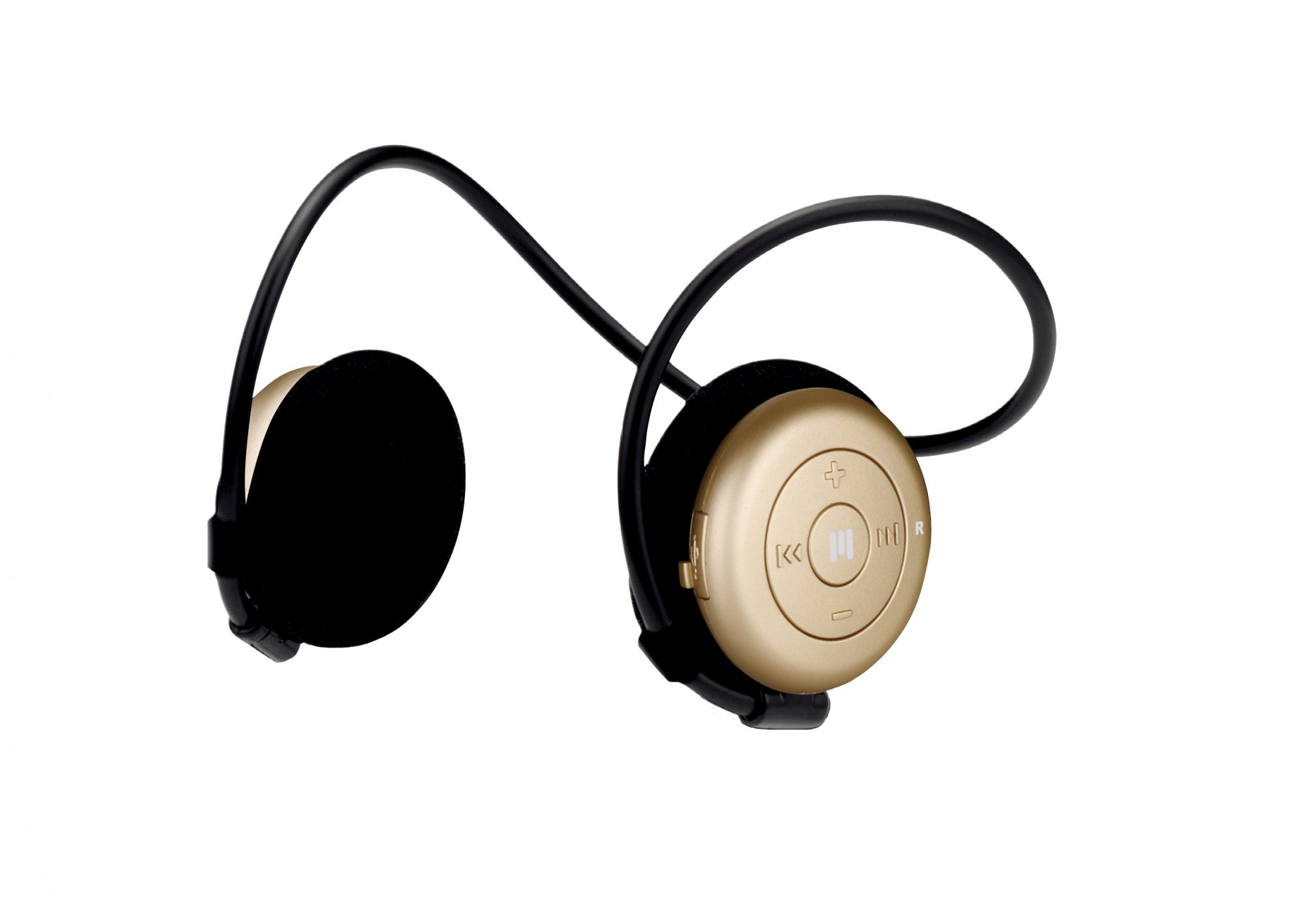 Cuffie wireless oro e nere. Le cuffie hanno un piccolo controller rotondo. Design minimalista.