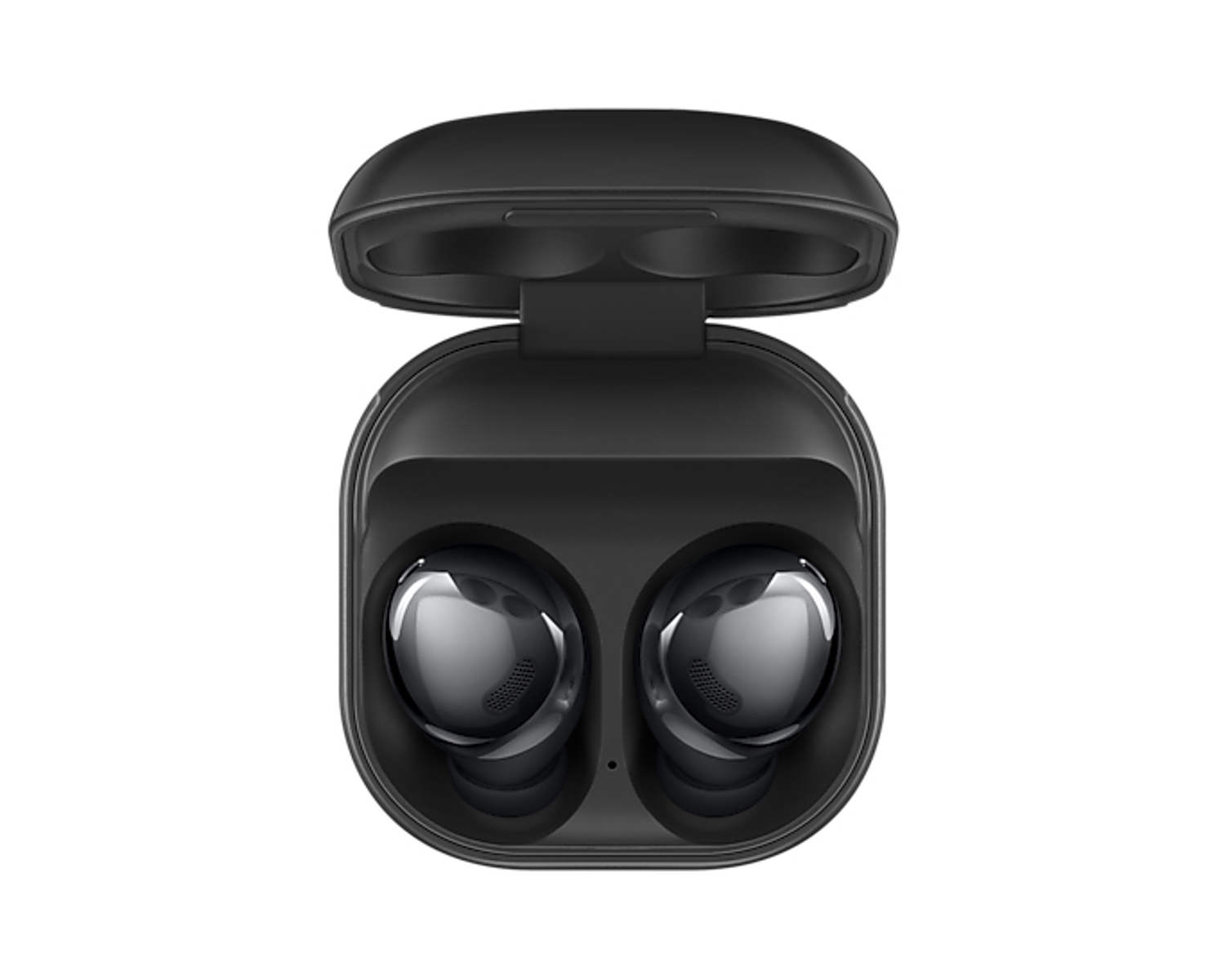 Custodia nera aperta per auricolari wireless con due auricolari all'interno. La custodia è aperta, mostrando gli auricolari. Sfondo bianco.