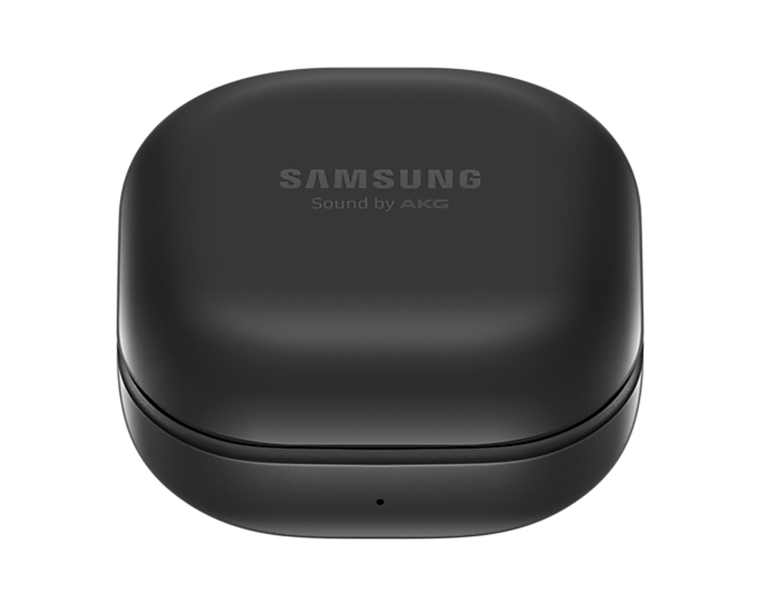 Una custodia di ricarica per auricolari Samsung nera e chiusa. Il logo Samsung e Sound by AKG sono stampati sulla parte superiore.