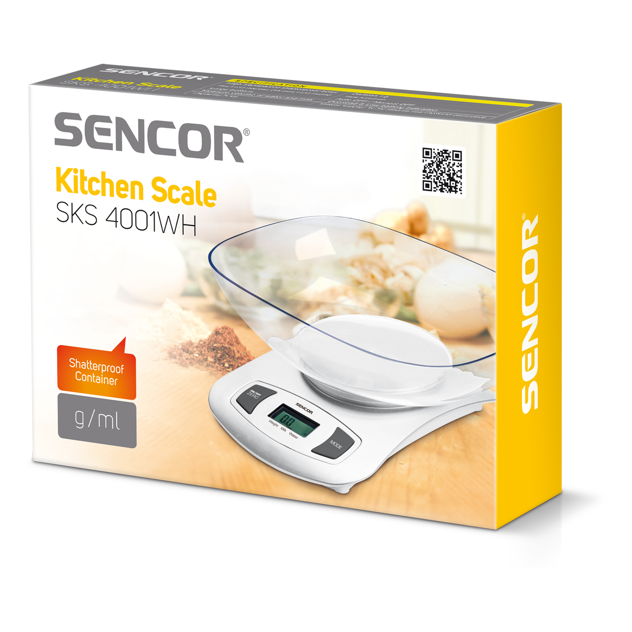 Eine verpackte weiße SENCOR Küchenwaage mit Schüssel. Die Box hat Text und einen QR-Code. Produkt sichtbar.