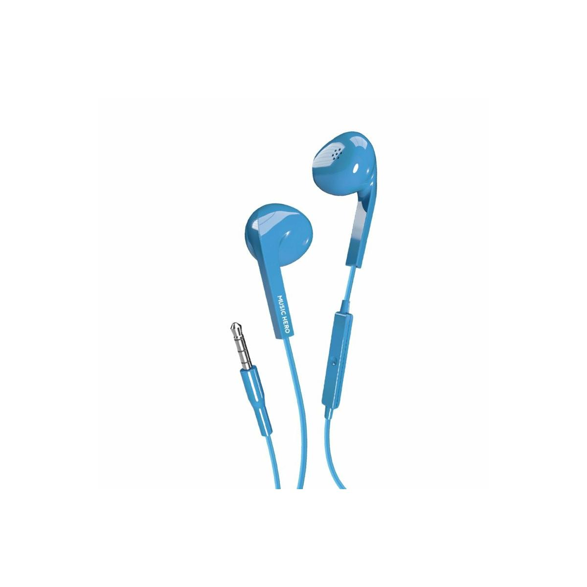 Auriculares intrauditivos azules con conector jack de 3,5 mm. Los auriculares están etiquetados como 'MUSIC HERO'. Fondo blanco.