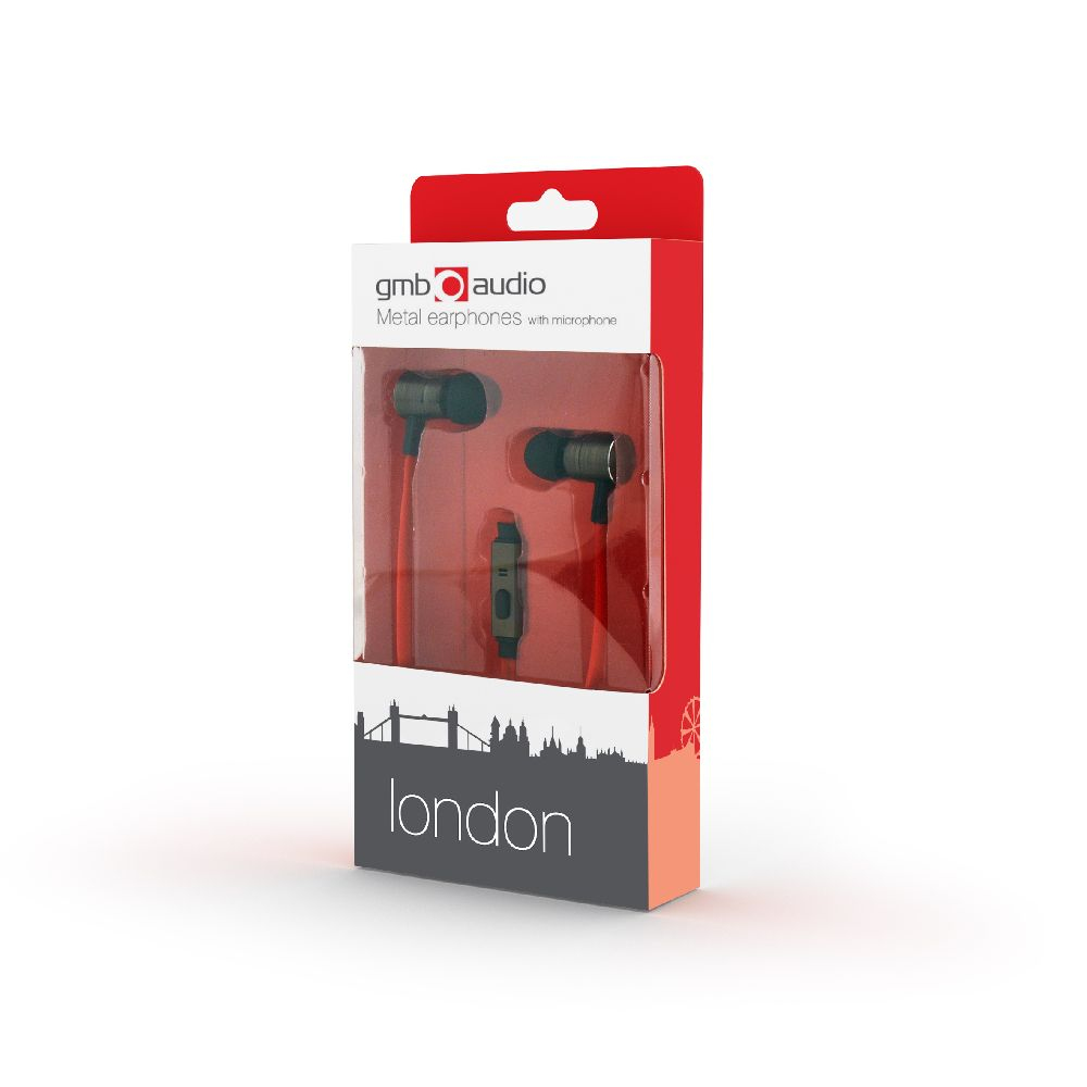 Een doos met rode oortelefoons met een microfoon, met een Londen-thema op de verpakking.