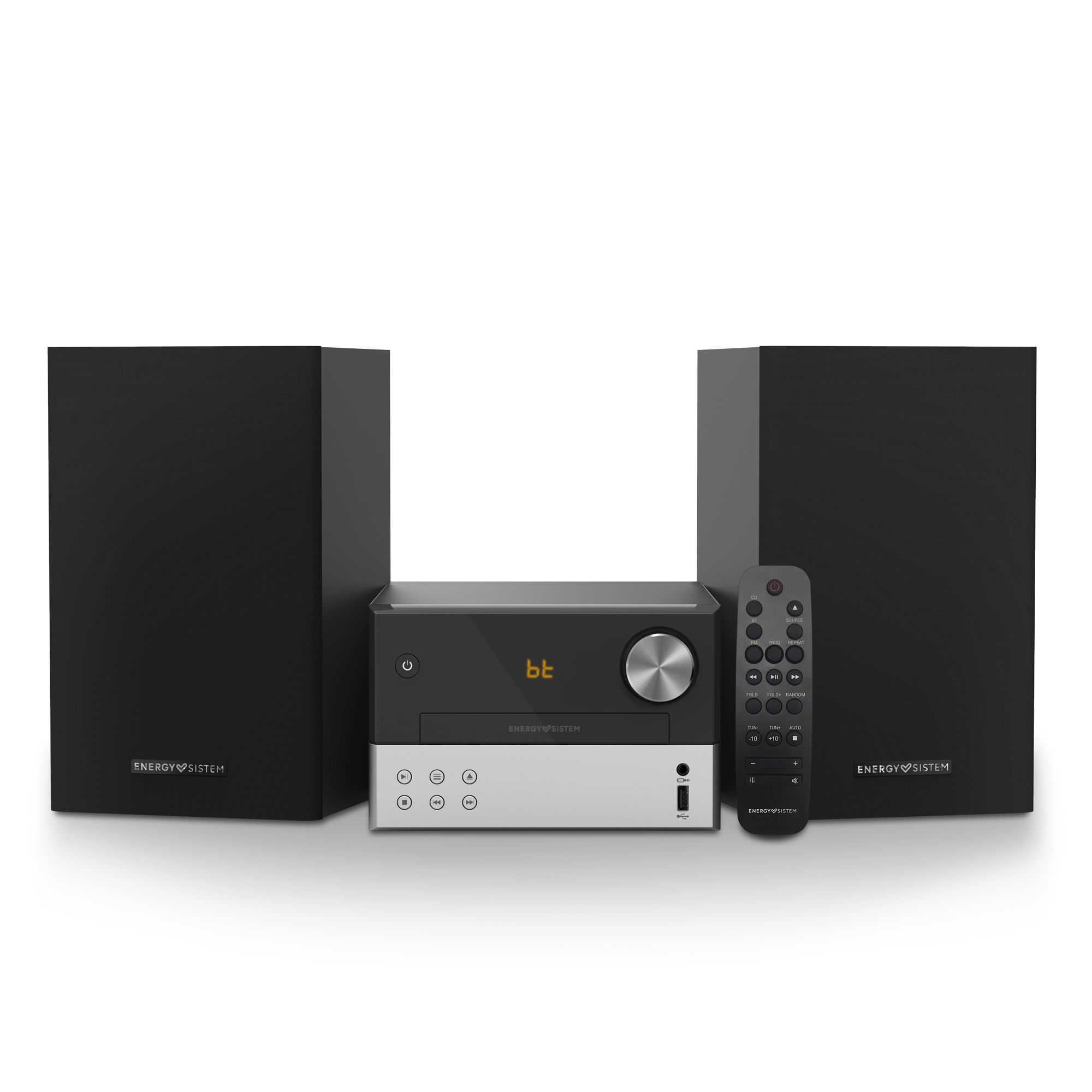 Impianto stereo nero con due altoparlanti, un'unità centrale e un telecomando.