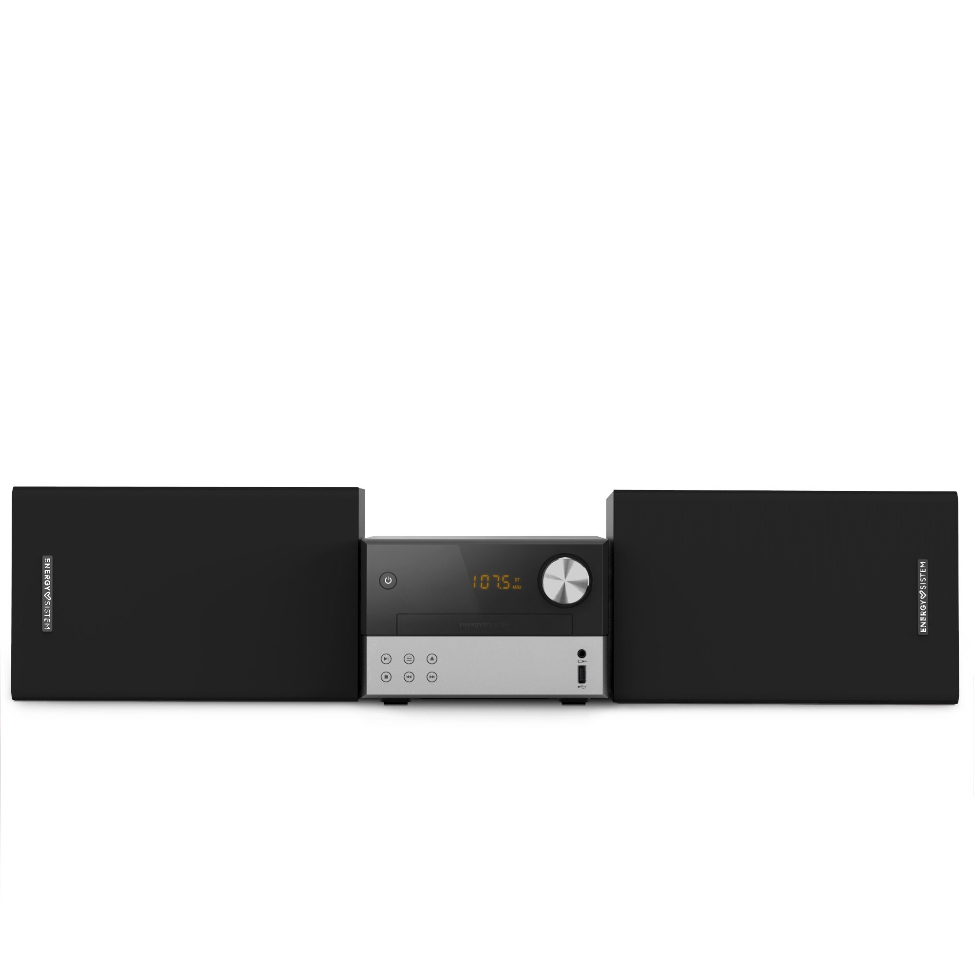 Un impianto stereo nero con altoparlanti, che mostra 107,5 sul display.