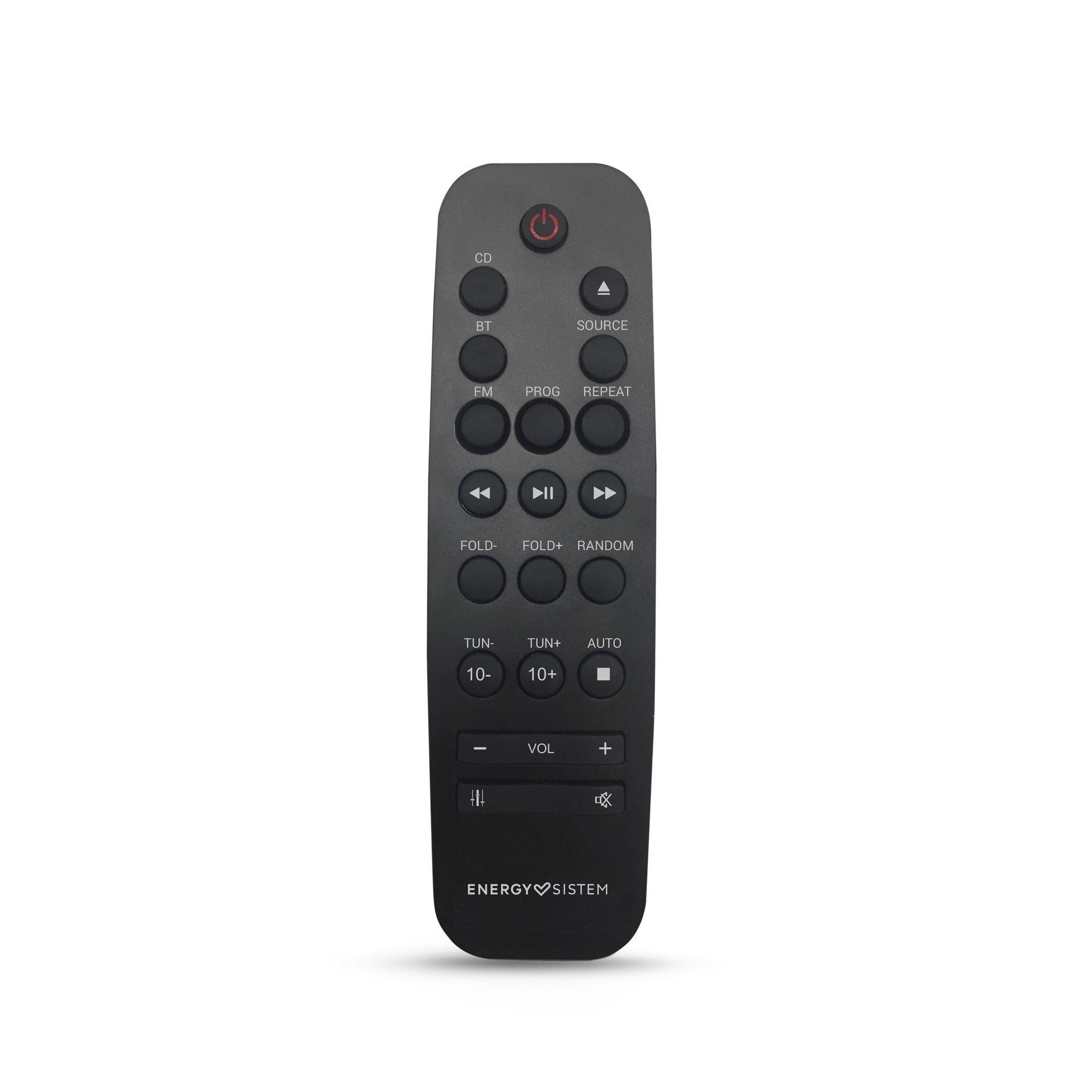 Telecomando nero con molti pulsanti. Include comandi di alimentazione, CD, BT e volume.