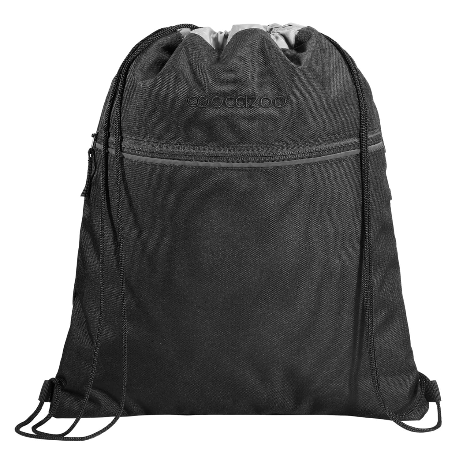 Schwarzer Rucksack mit Kordelzug und dem Wort 'coocazoo'. Er hat eine Reißverschluss-Vordertasche.