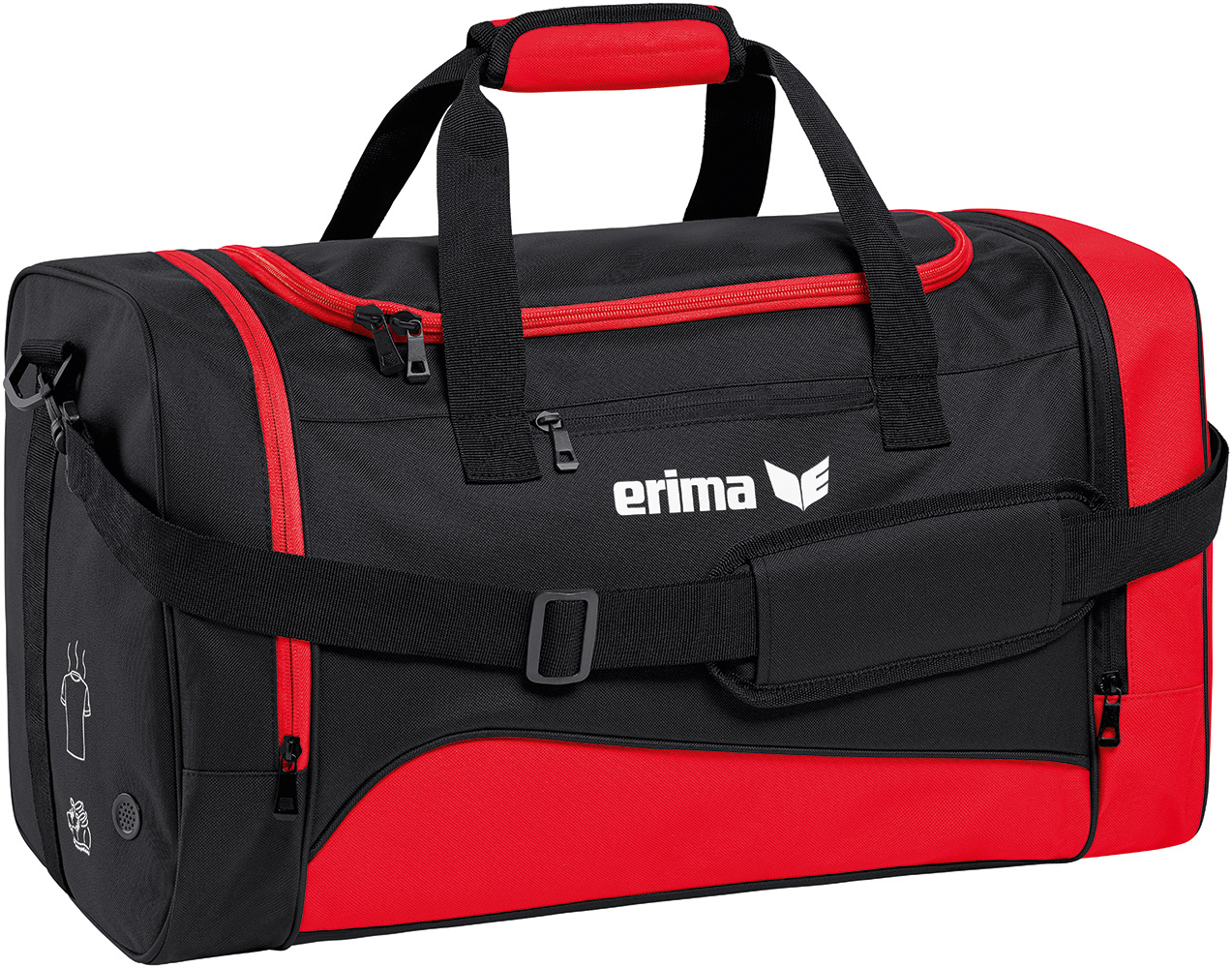 Eine schwarze und rote Erima-Dufttasche mit weißem Logo. Der Hintergrund ist weiß.