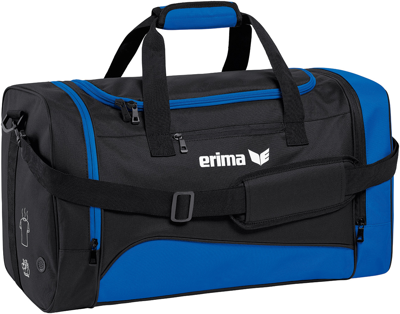 Schwarz-blaue Sport-Dufttasche. Es ist mit 'erima' in Weiß und einem weißen Logo bedruckt.