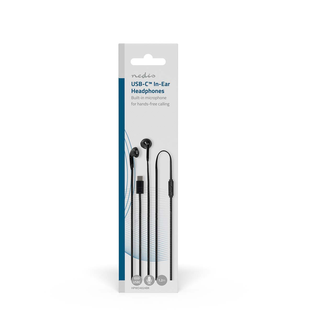 Weiße und schwarze USB-C In-Ear-Kopfhörer-Verpackung. Der Hintergrund ist weiß.
