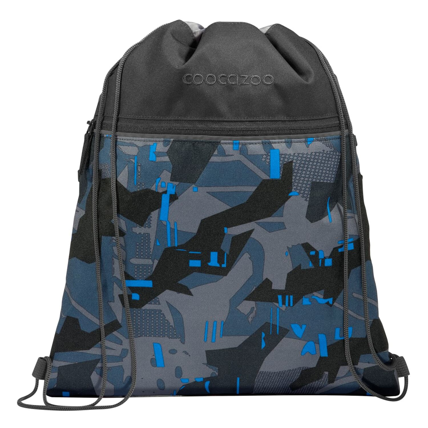 Schwarz-blauer Rucksack mit Kordelzug und Camouflage-Muster. Der Markenname COOCAZOO steht oben.