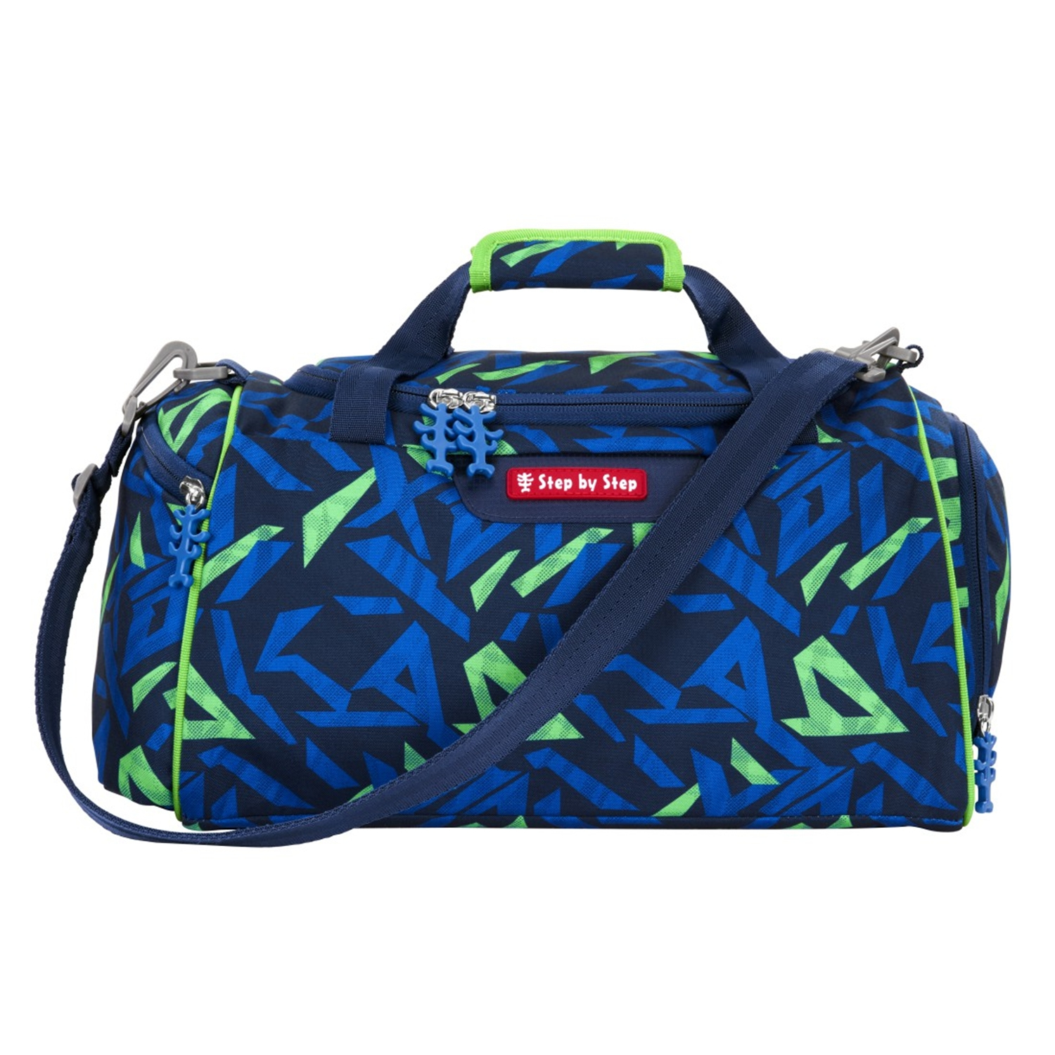 Blau-grüne, gemusterte Reisetasche mit marineblauem Schultergurt, auf Weiß.