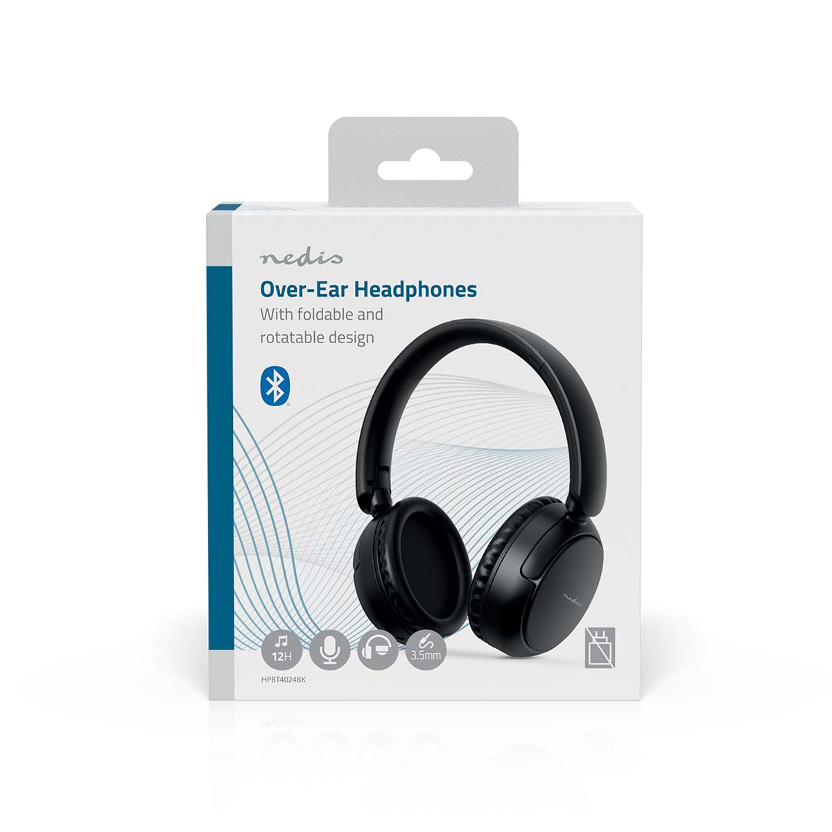 Une boîte blanche de casques circum-auriculaires avec un design pliable.