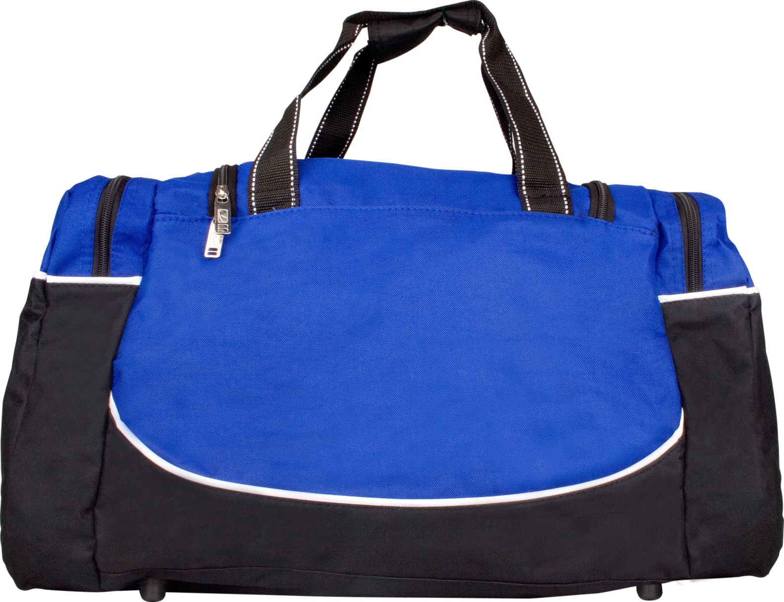 Blaue und schwarze Reisetasche mit weißen Akzenten.